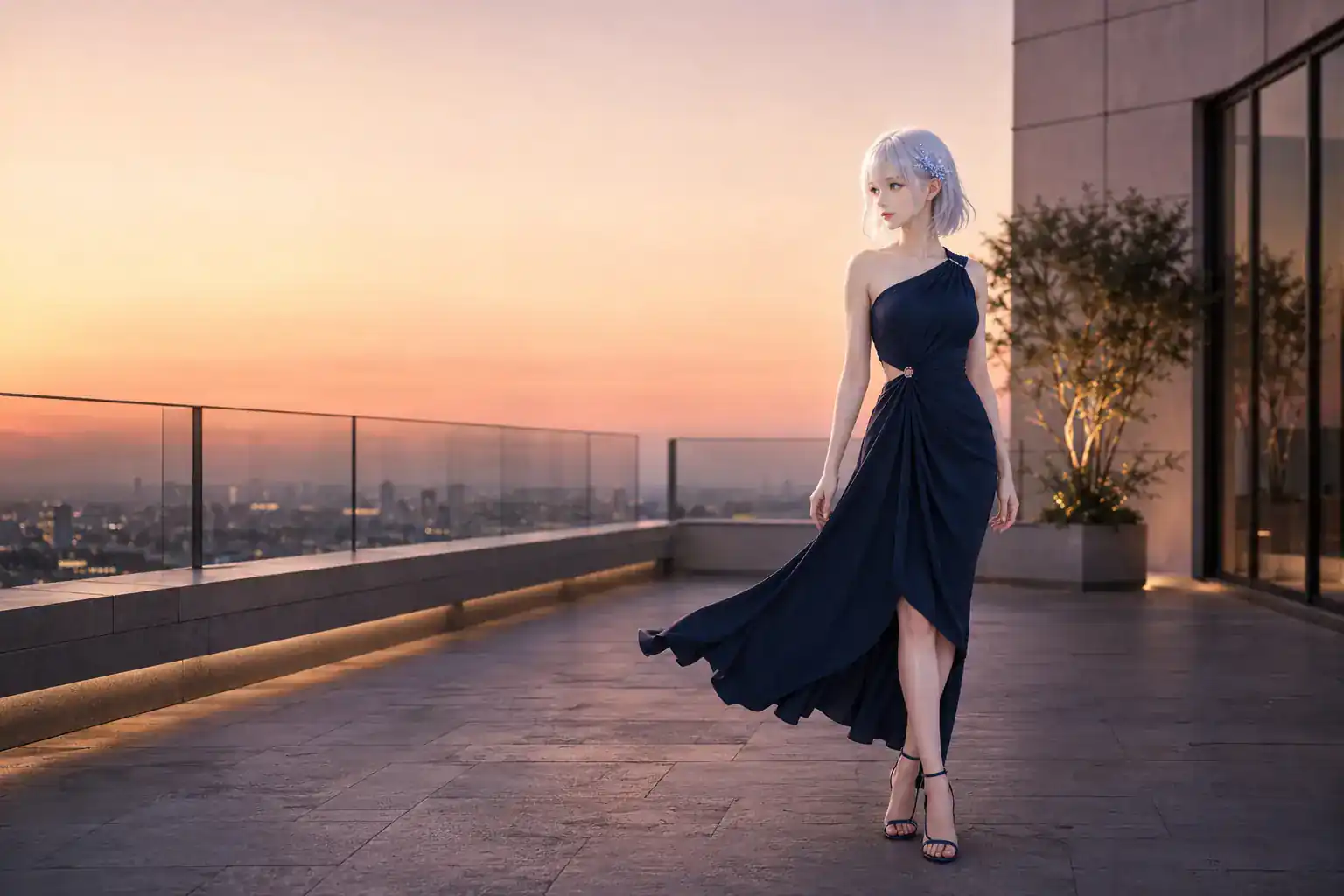 深いネイビーのドレスで夕暮れの屋上に立つLAPIS