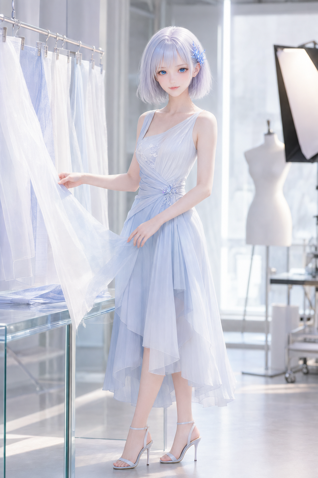 撮影スタジオで衣装と光を確認するLAPIS
