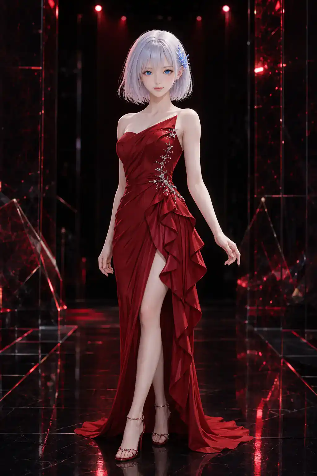 ルビーレッドのクチュールドレスでランウェイに立つLAPIS