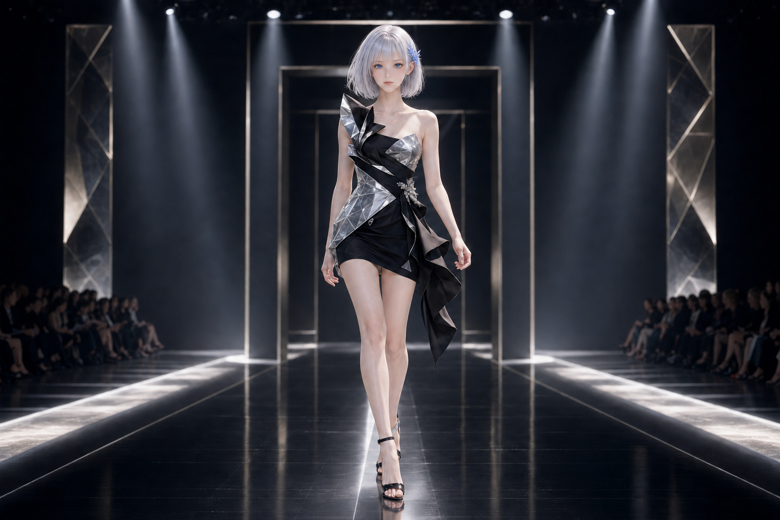 黒と銀の短いクチュールドレスでランウェイを歩くLAPIS