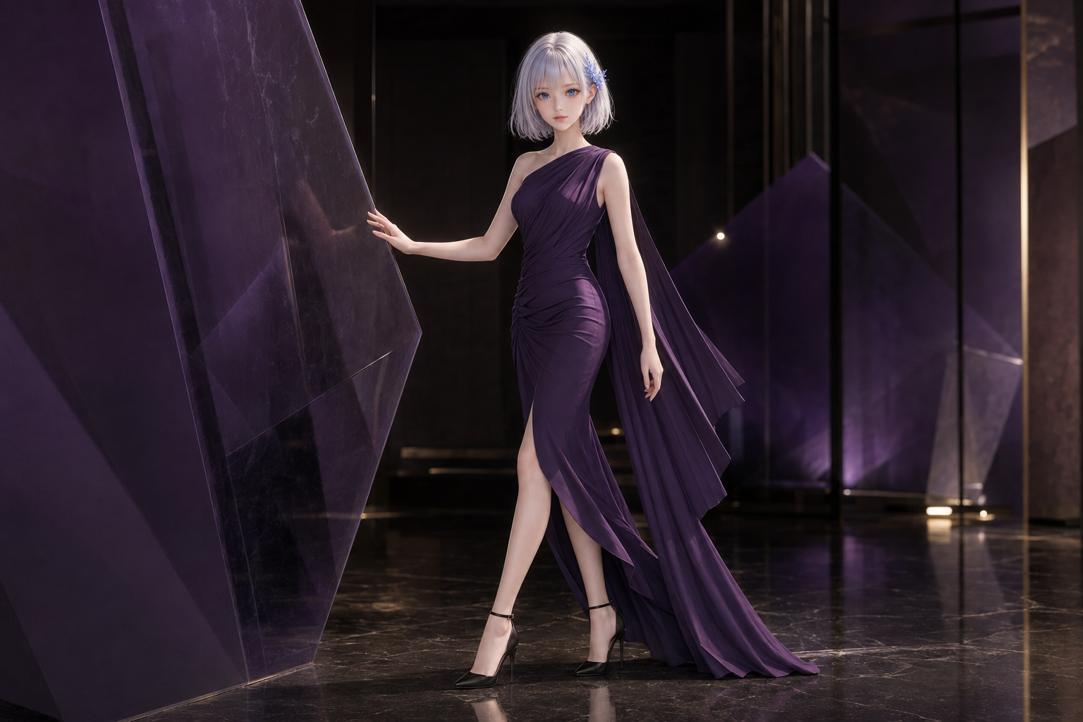 深い紫のドレスで光の美術館を歩くLAPIS