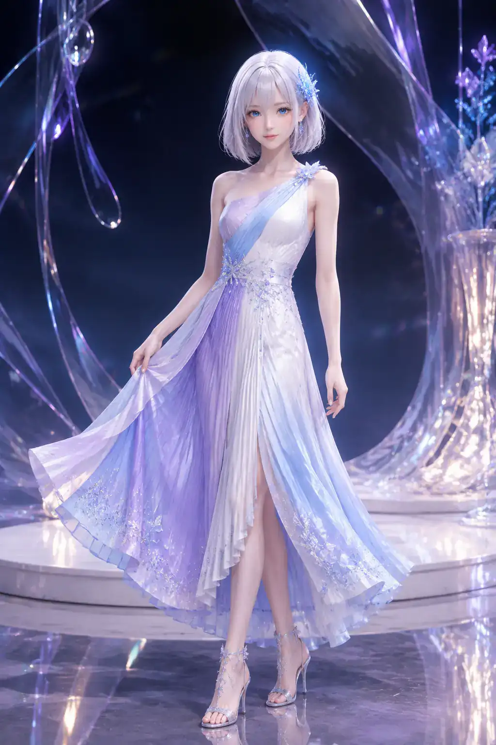 晩夏の黄昏、パールホワイトと淡いラベンダーの構築的なプリーツドレスで円形アトリエステージに立つLAPIS