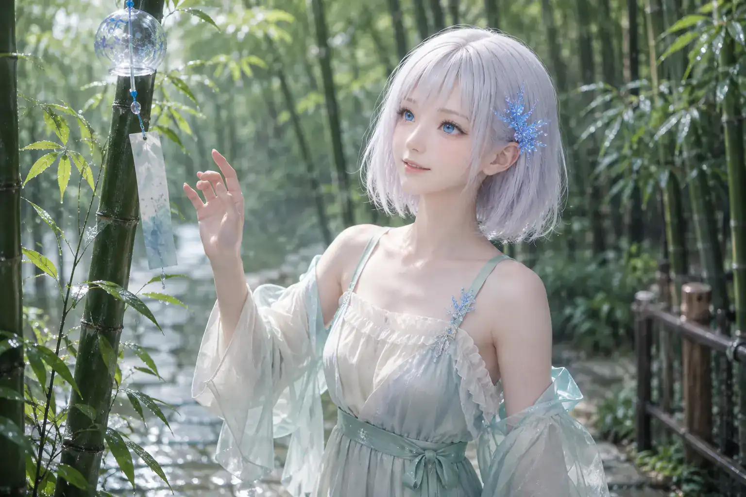 雨上がりの竹林で、ミントとアイボリーの軽やかなドレスをまとい、風鈴の音を聞いて自然に微笑むLAPIS