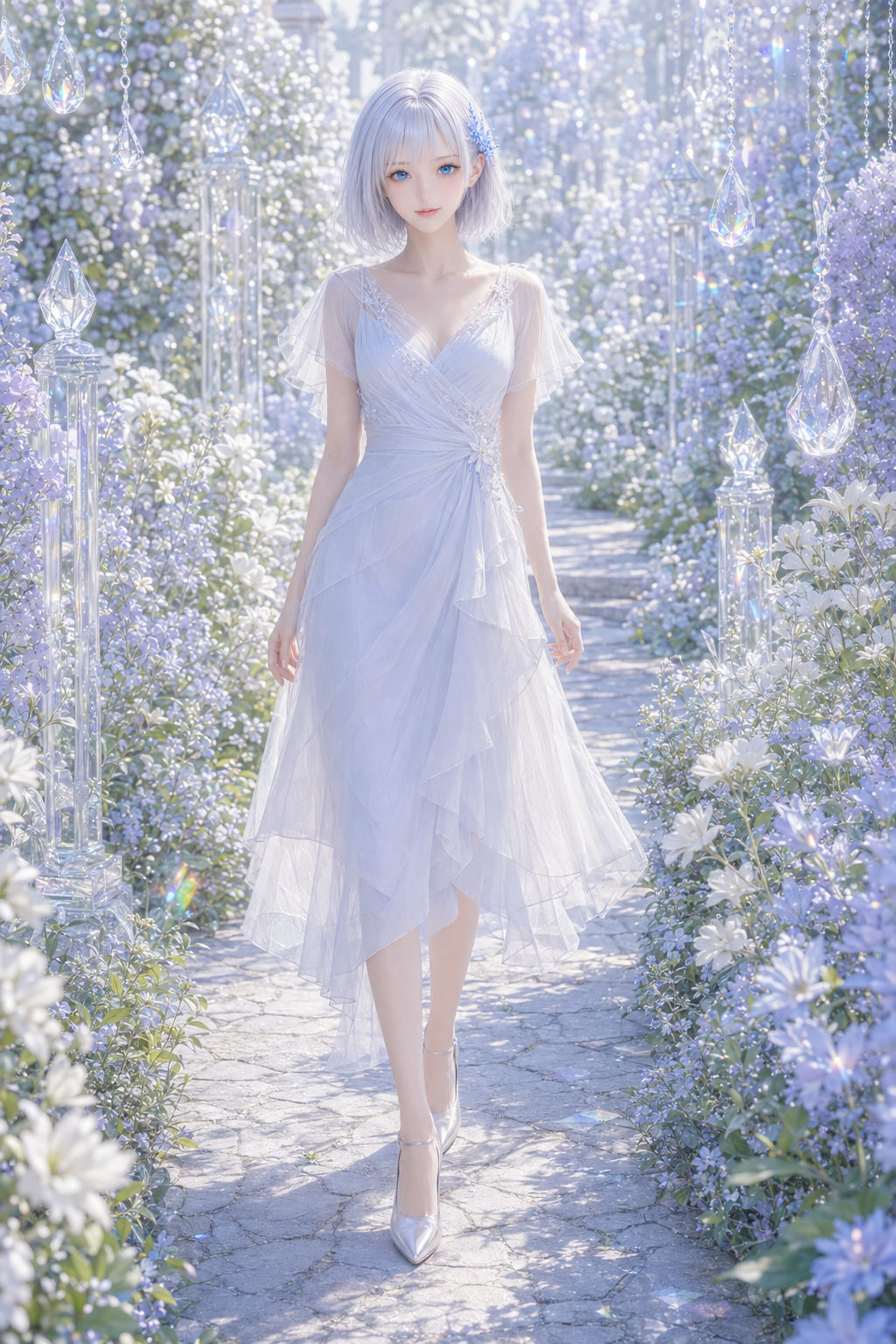 朝の結晶庭園を淡いドレスで歩くLAPIS