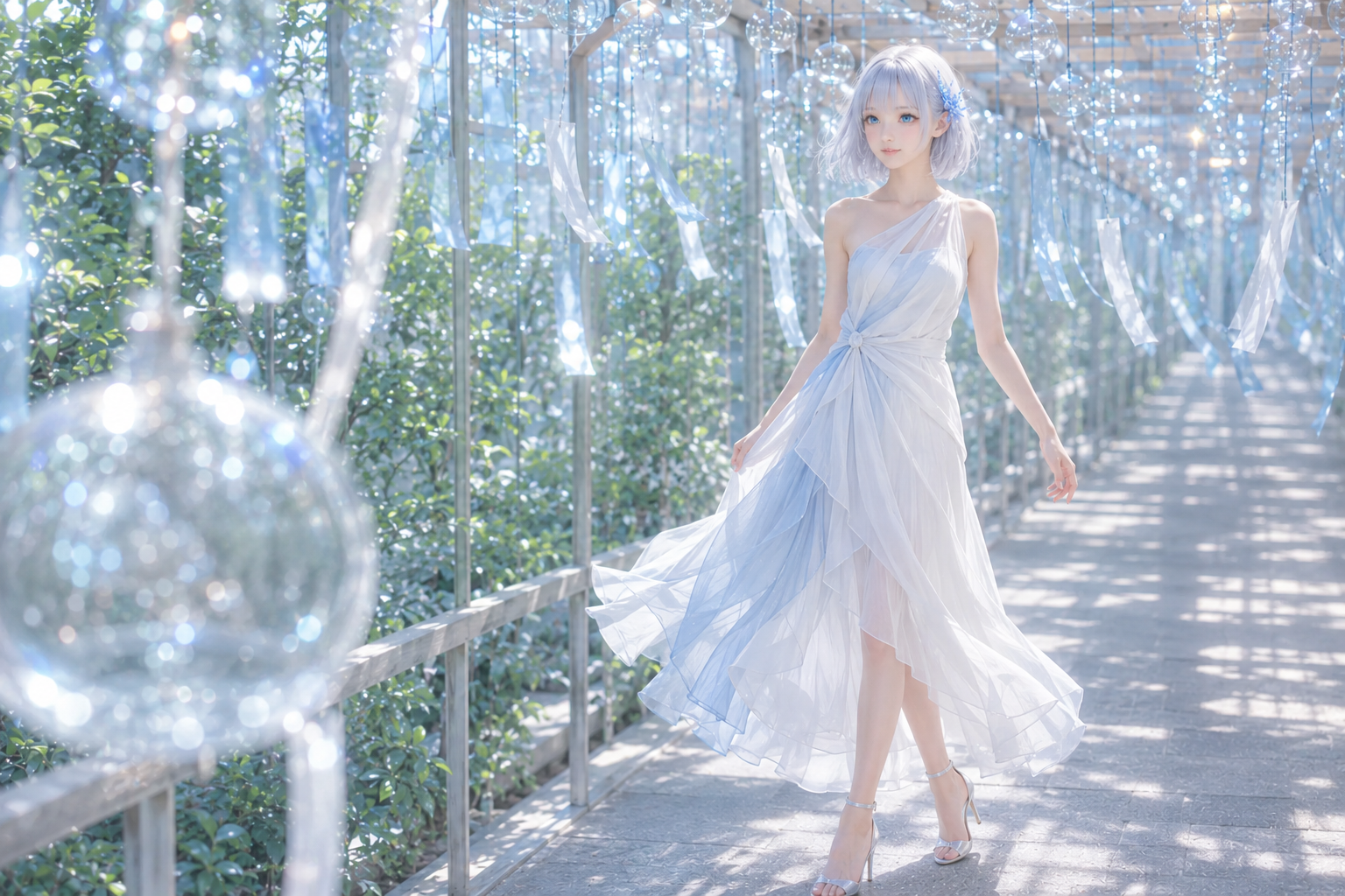 夏の光がきらめくガラス回廊を歩くLAPIS