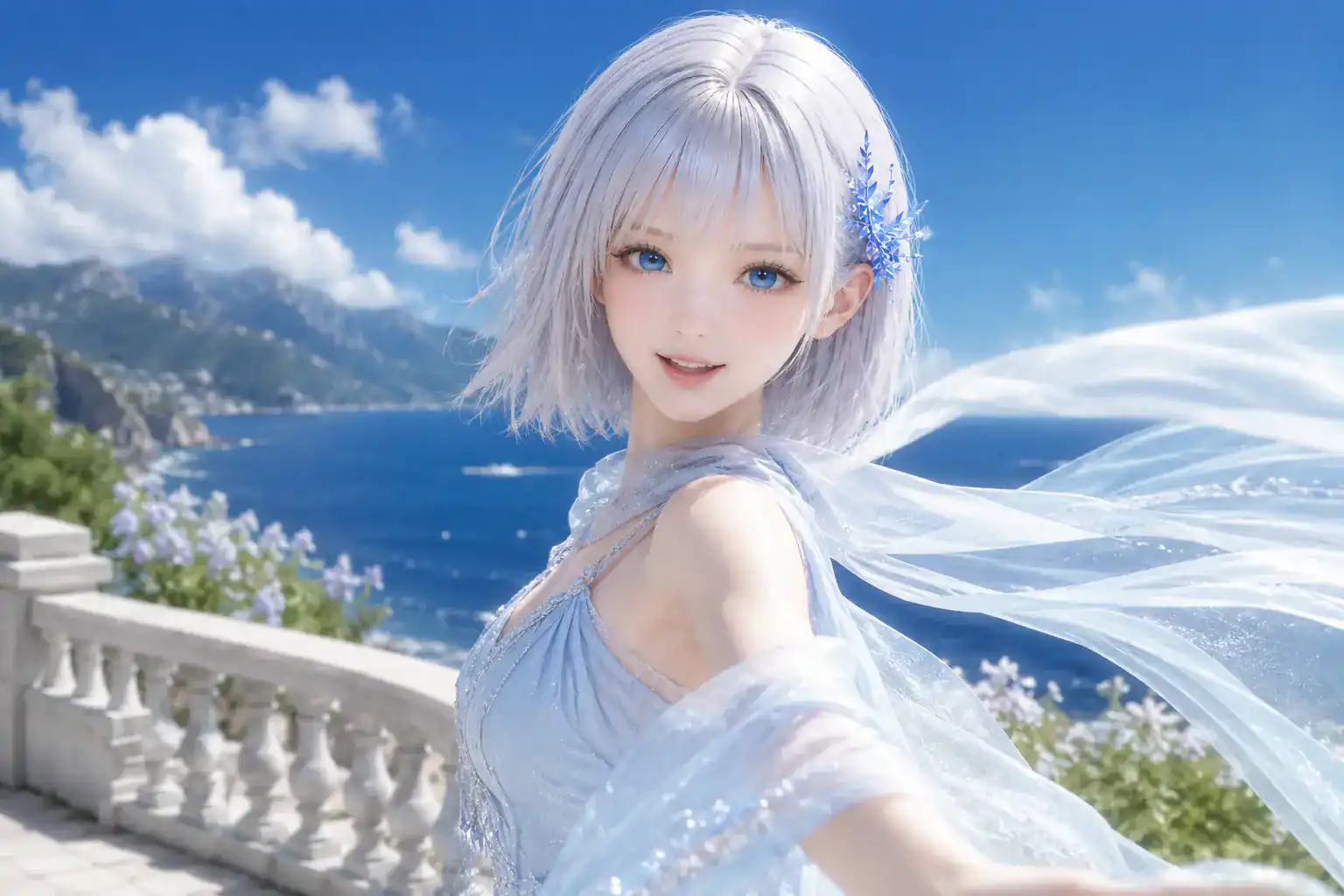 青い海を望むテラスで、アイスブルーのドレスと長いスカーフを風になびかせ、楽しそうに振り返るLAPIS