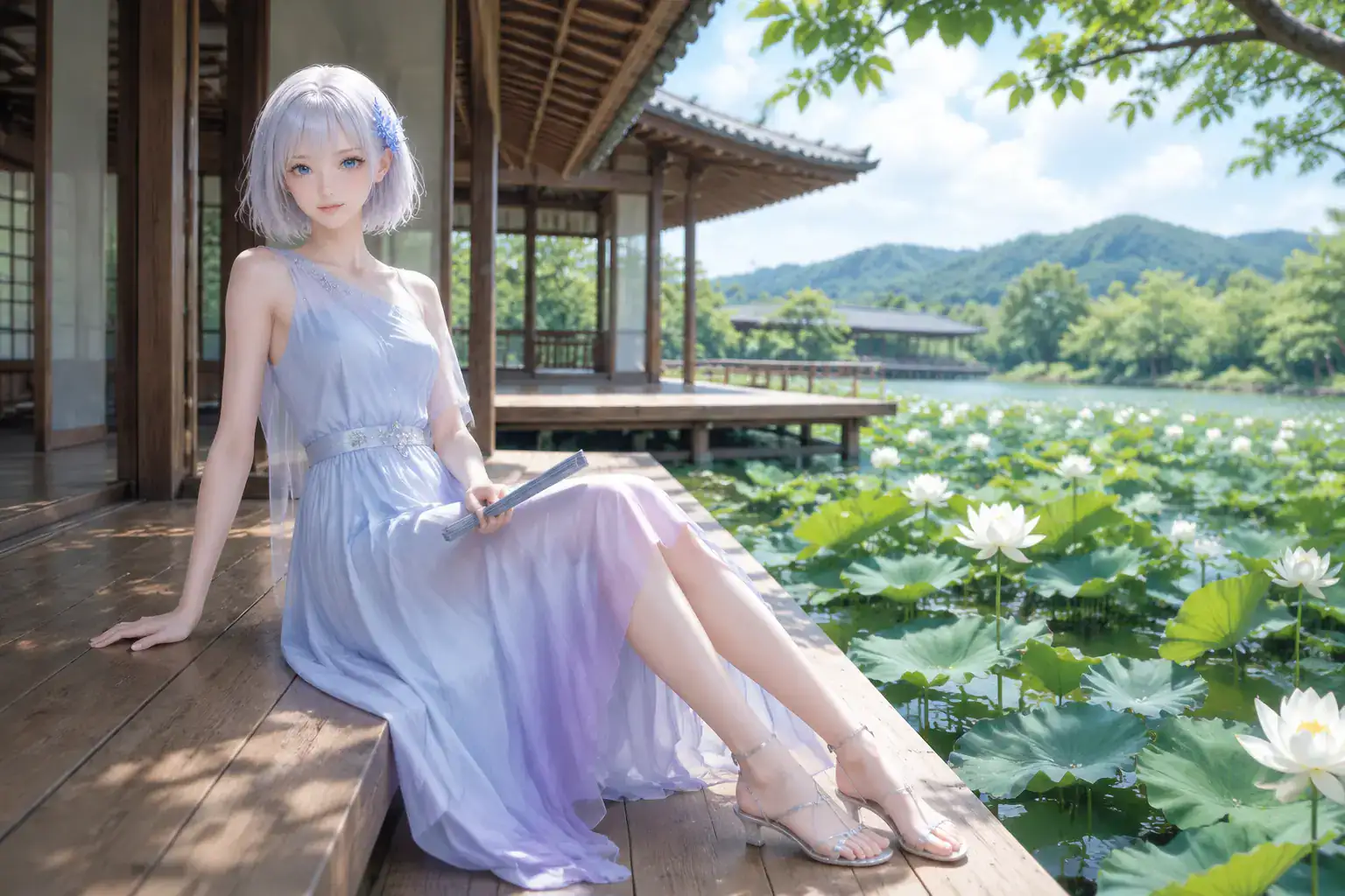 晩夏の午後、蓮池を望む水上パビリオンの縁側で、アイスブルーから淡いラベンダーへ移ろうアシンメトリーワンピースをまとい、閉じた扇子を手に腰掛けるLAPIS