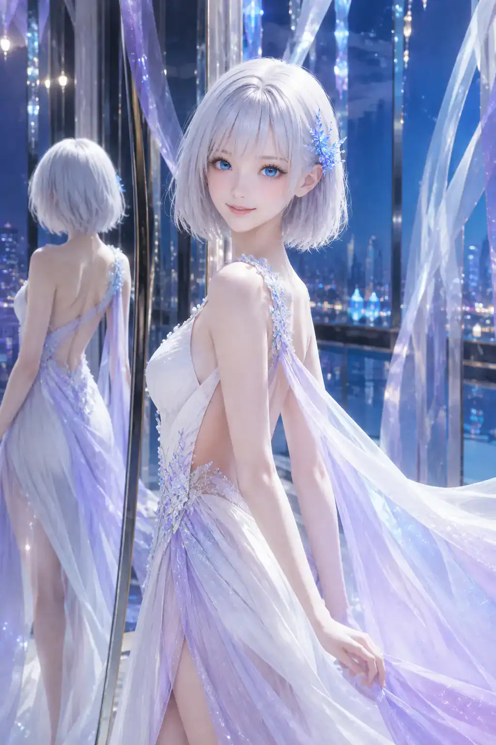 夜景を望む鏡のクチュールギャラリーで、パールホワイトとラベンダーのドレスを翻して笑顔で振り返るLAPIS