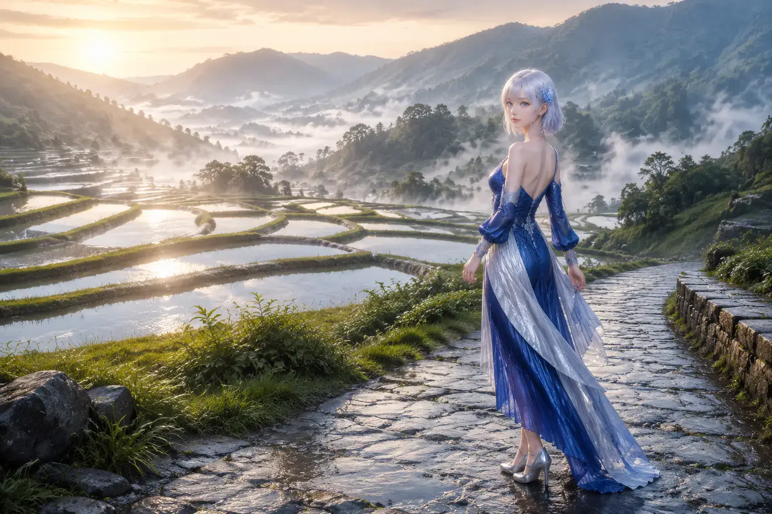 晩夏の早朝、霧がほどける緑の棚田をサファイアブルーとパールホワイトのアシンメトリードレスで歩くLAPIS