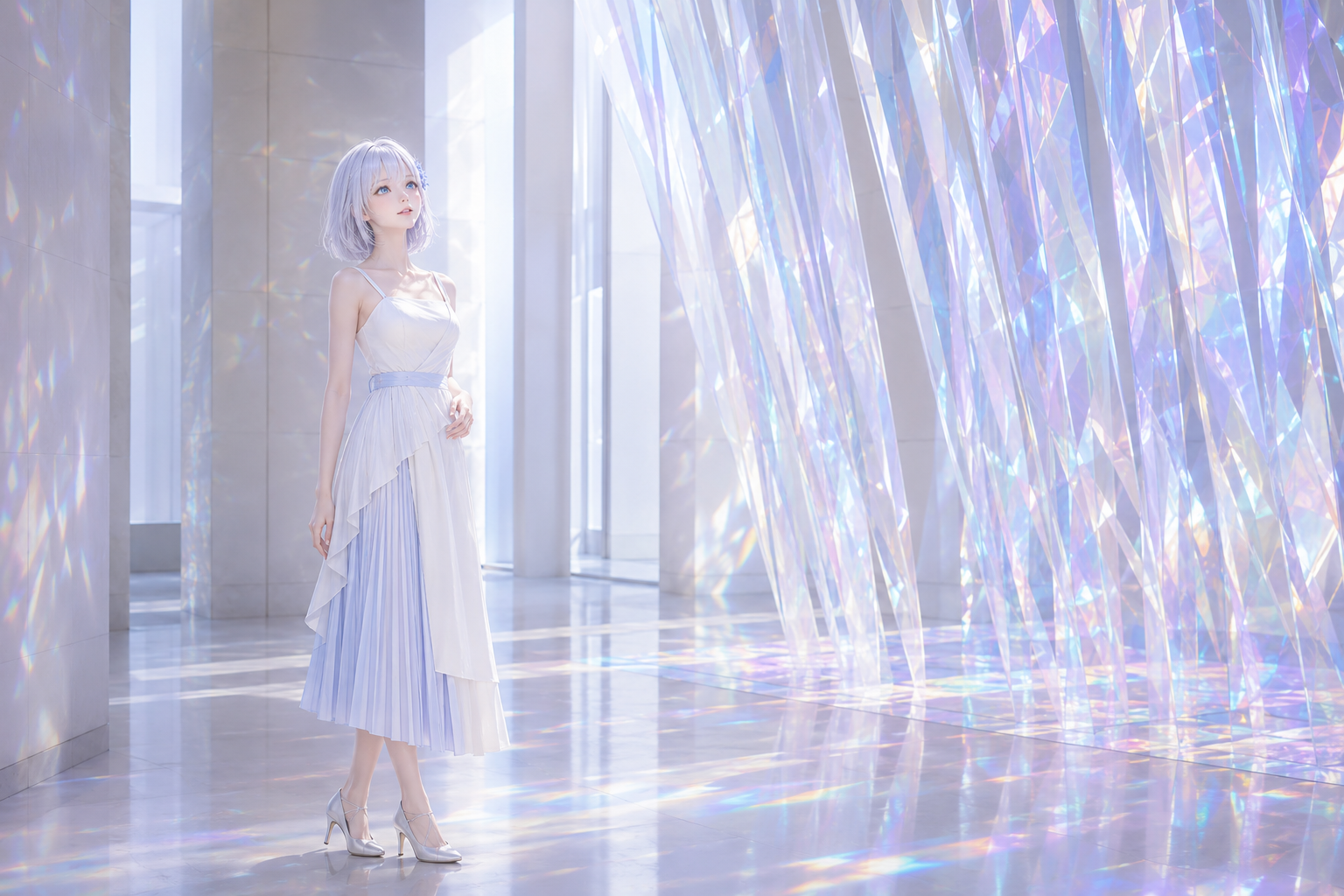 オパール色の美術館で光の展示を見上げるLAPIS