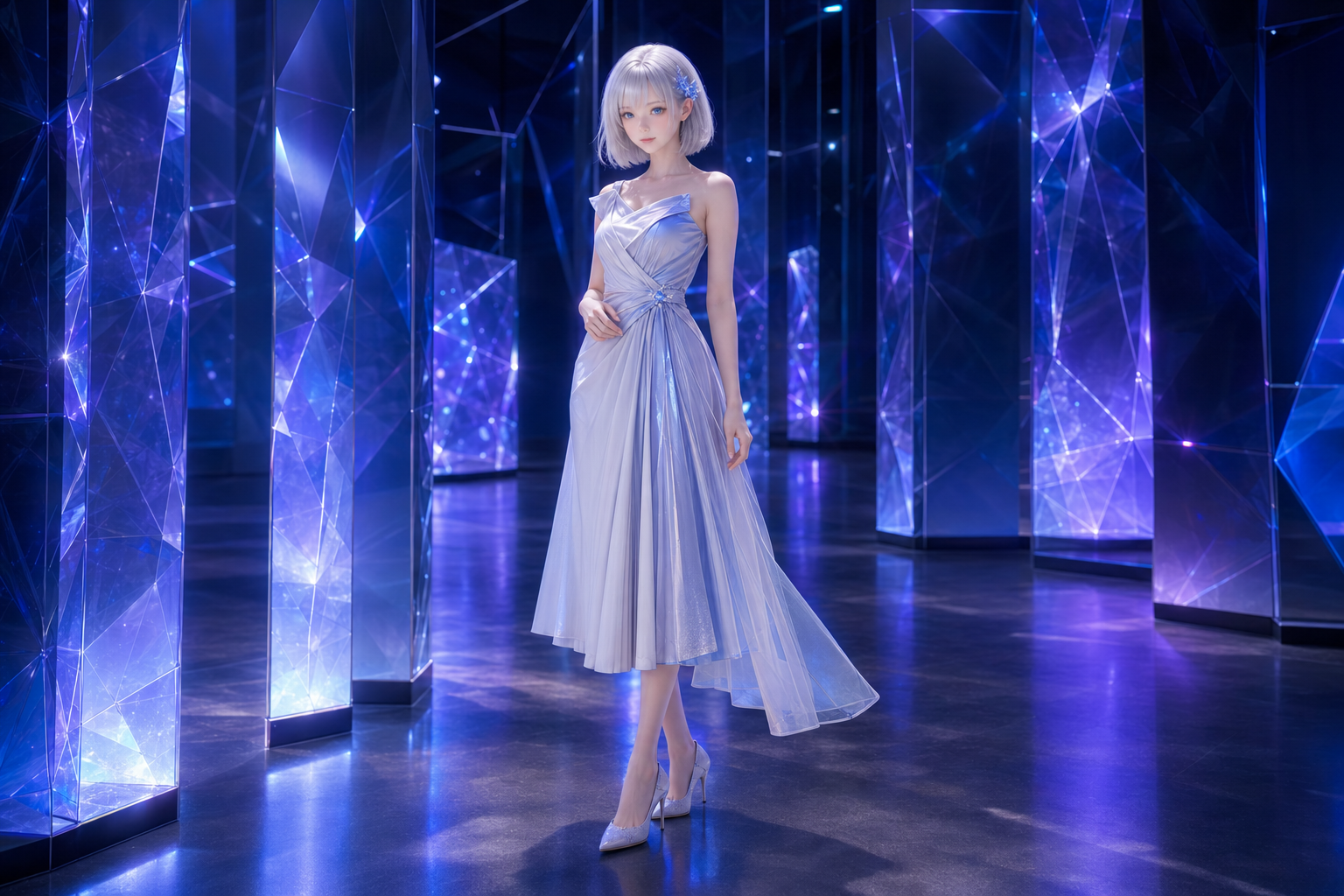 深い青紫のプリズムギャラリーで静かにポーズを取るLAPIS
