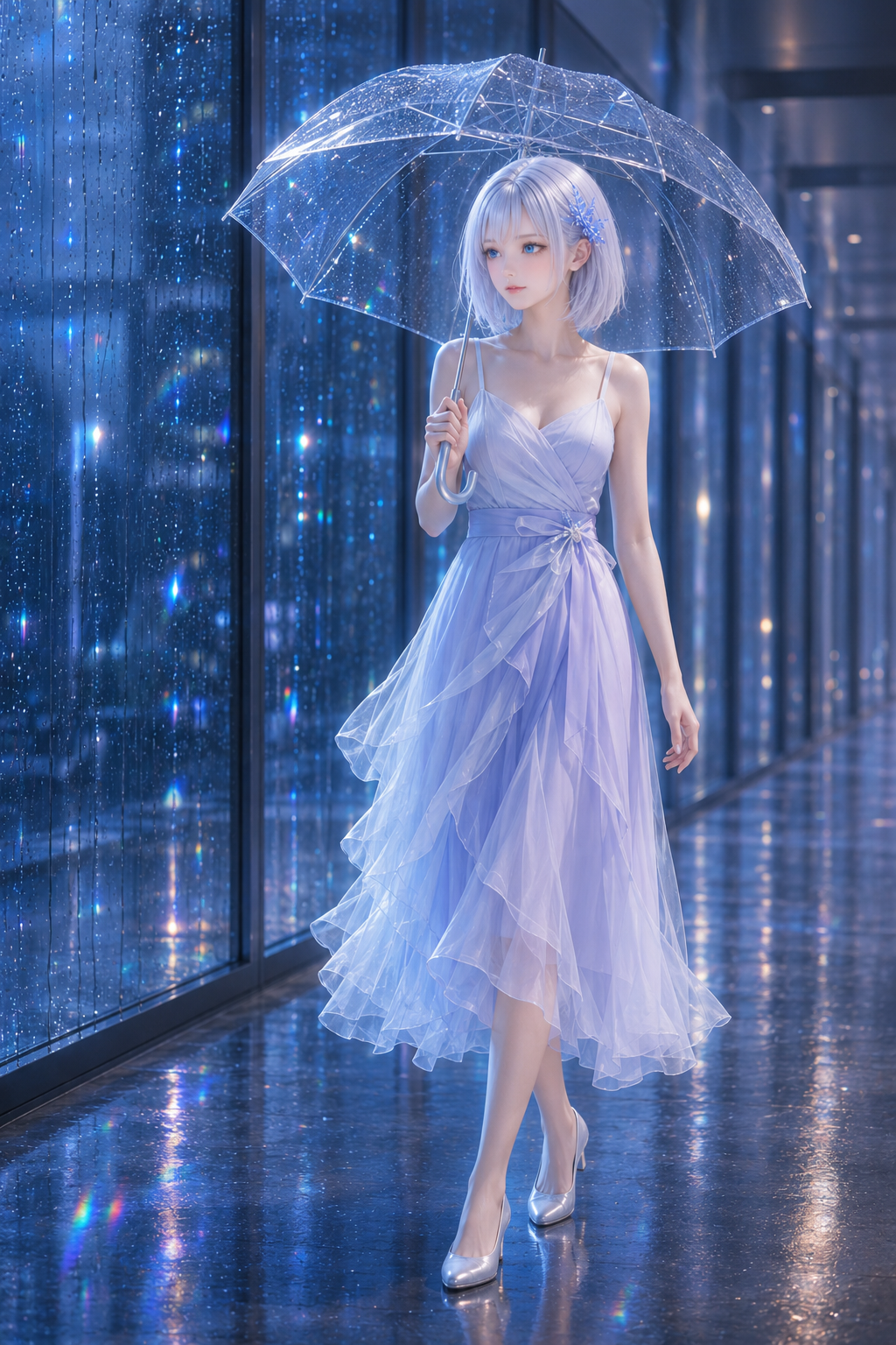 雨の光学ガラス回廊を透明な傘を手に歩くLAPIS