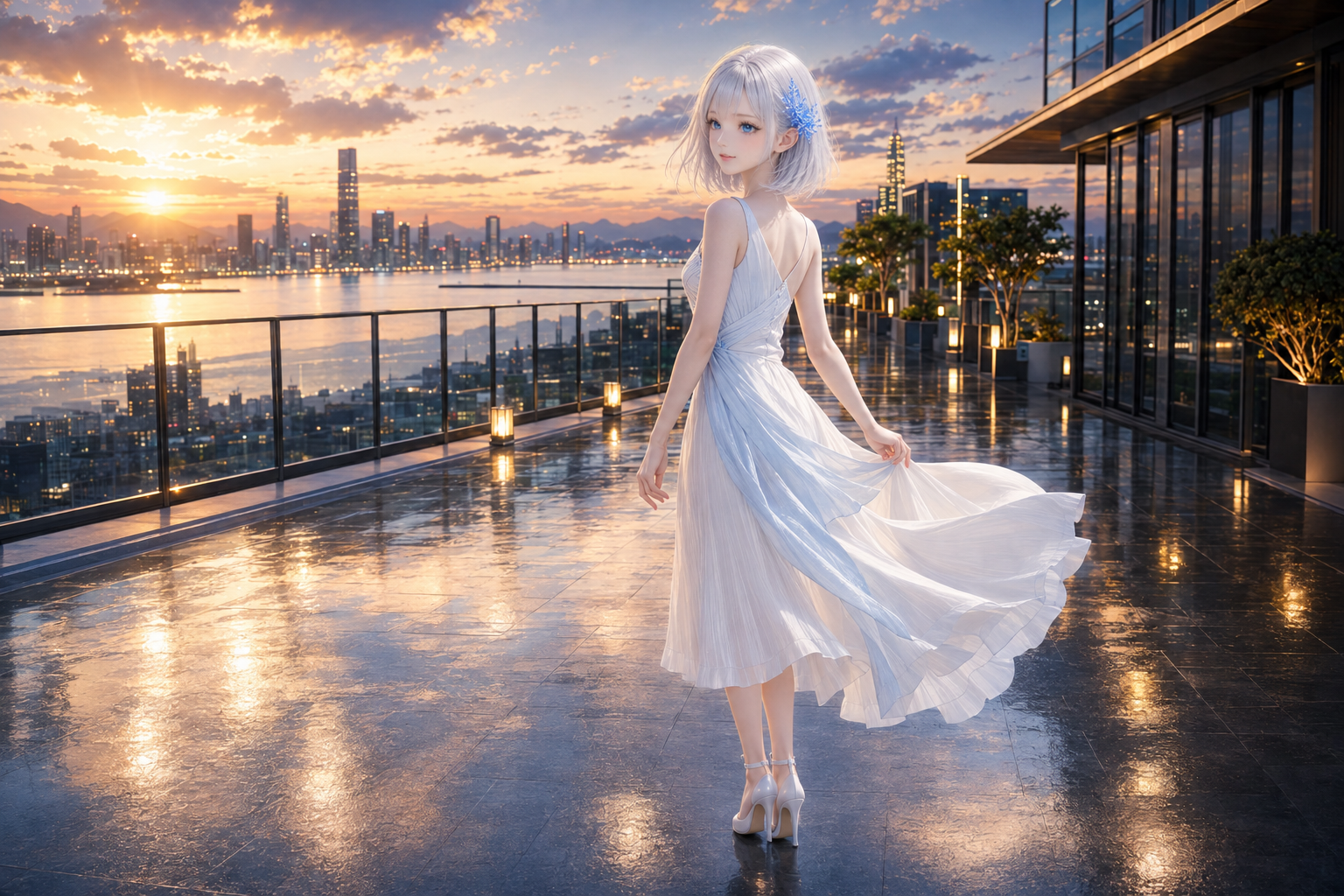 金色の夕暮れが差す屋上で振り返るLAPIS