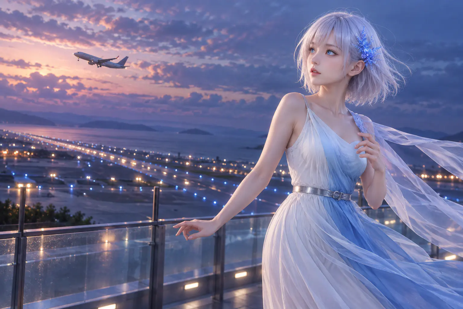 青紫の薄明に包まれた海沿いの空港展望テラスで、パールホワイトからアイスブルーへ移ろうドレスをまとったLAPISが、ガラス手すりから片手を離しかけ、風に髪とシアーな布をなびかせながら離陸する旅客機を見上げる膝上構図