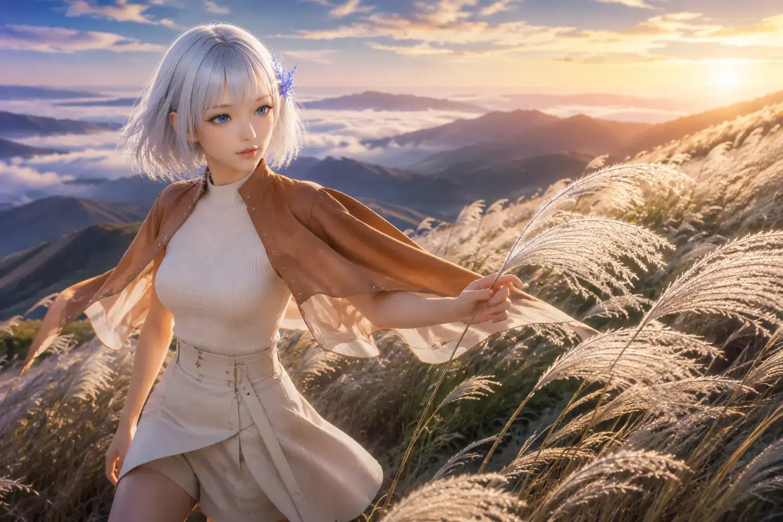 9月初旬の朝焼けに染まる高原の稜線で、パールアイボリーとアンバーのアシンメトリーなケープスタイルをまとい、風に揺れる銀色のススキへ手を伸ばして歩くLAPIS