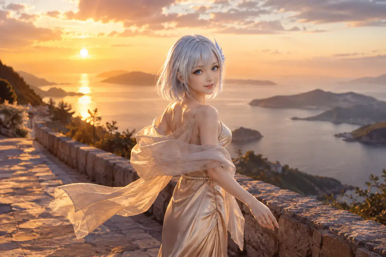 島々を見渡す海岸の石畳で、シャンパンゴールドのドレスをまとい夕陽を振り返るLAPIS