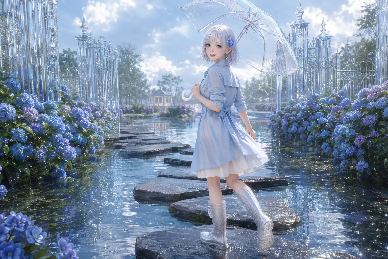 雨上がりの紫陽花と水庭で、透明な傘を手に飛び石を歩きながら振り返るLAPIS