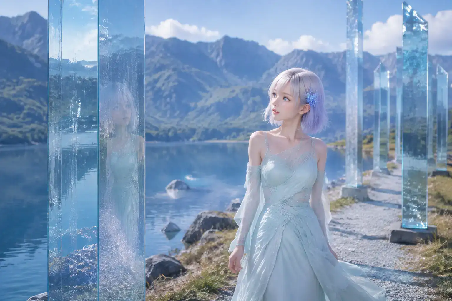 青い山と湖に沿う屋外のガラスアートトレイルで、淡いブルーのドレスをまとい作品を見上げるLAPIS