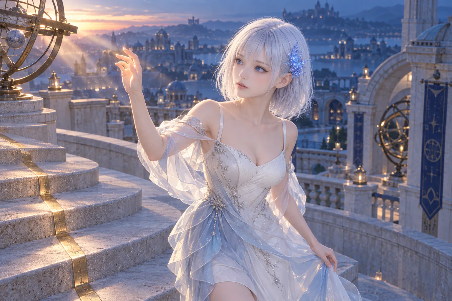 初秋の薄明、架空の石造天文台で、パールホワイトとアイスブルーのドレスをまとったLAPISが曲線階段で歩みを止め、真鍮の子午線を横切る最後の光へ指先を重ねながら青い瞳で光の粒を追う膝上構図