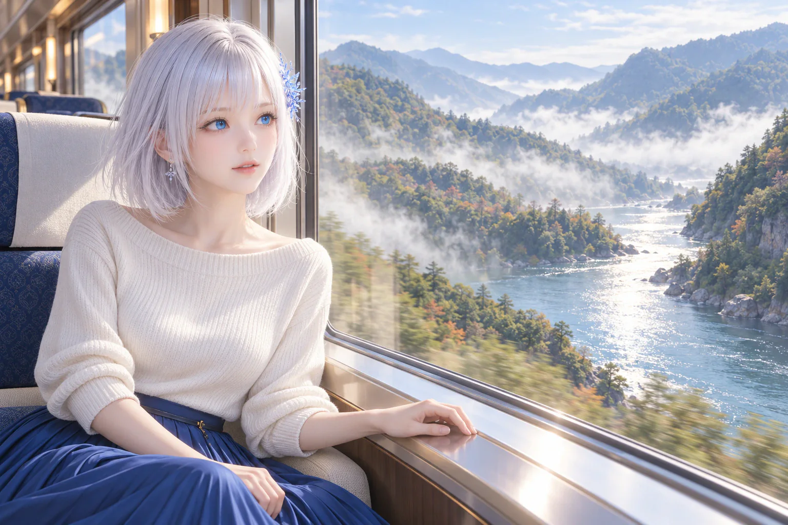 朝の展望列車で、パールホワイトのニットと深い青のプリーツスカートをまとい、窓辺にそっと手を添えて、霧の渓谷と光る川に見入るLAPISの座った上半身