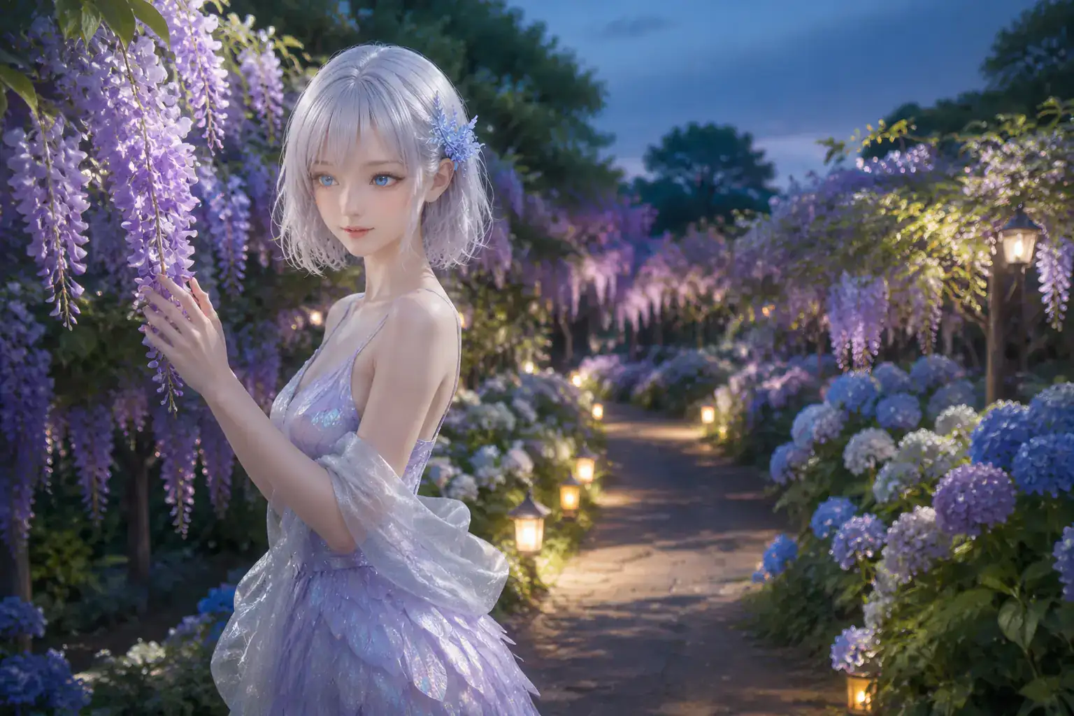藤と紫陽花が続く夕暮れの屋外庭園で、オパール色のドレスをまとい花に手を伸ばすLAPIS
