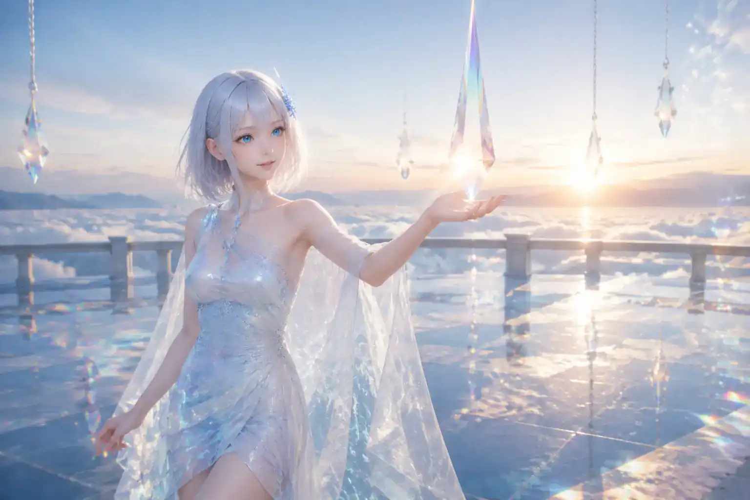 雲海を望む屋外の鏡面テラスで、オパール色のドレスをまとい吊り下がるプリズムに手を伸ばすLAPIS