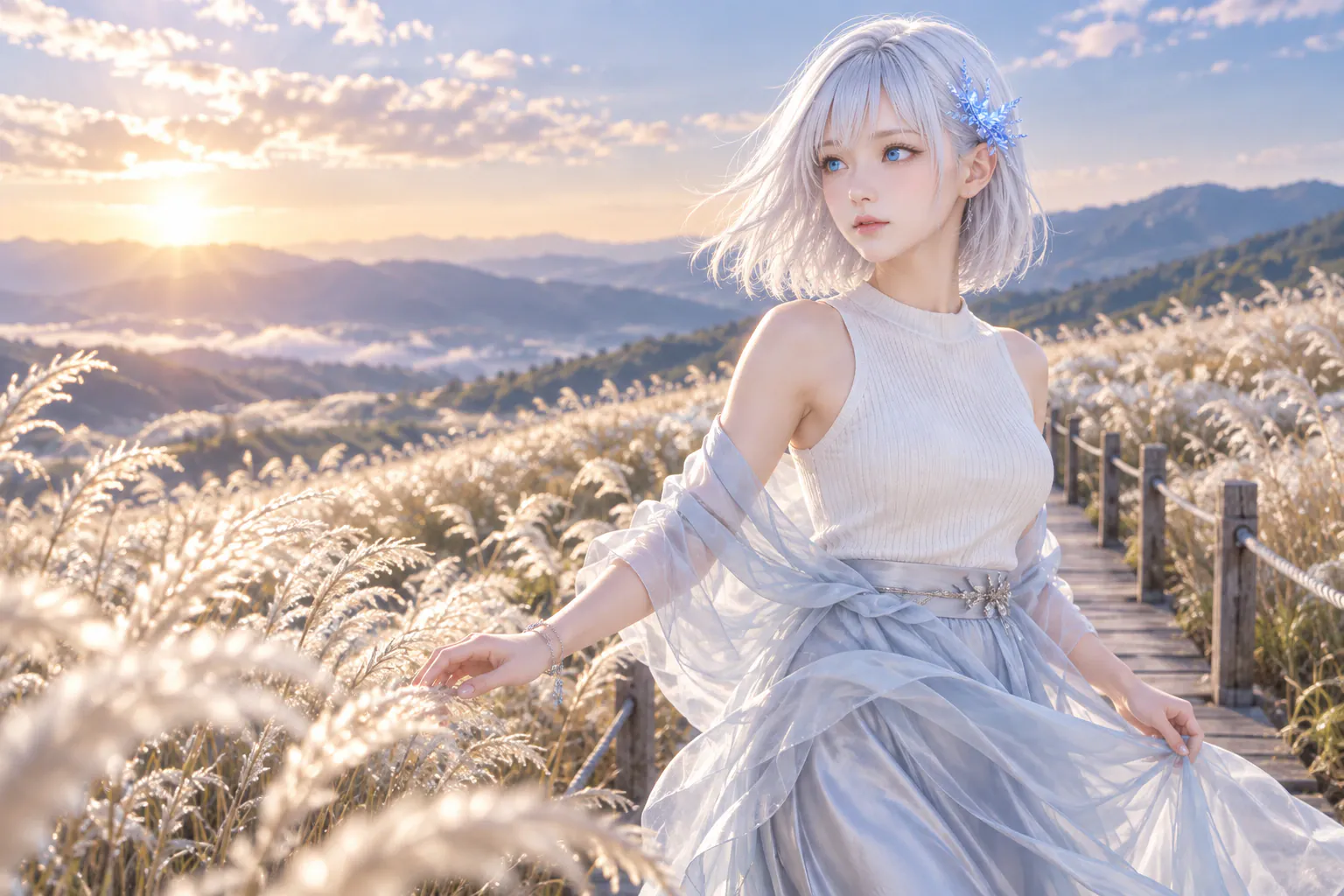 初秋の高原の銀色に輝く草原で、パールホワイトとアイスブルーのレイヤードドレスをまとったLAPISが、木道を歩く途中に手首をかすめた穂へ顔を向け、風に髪とシアーな布をなびかせる膝上構図