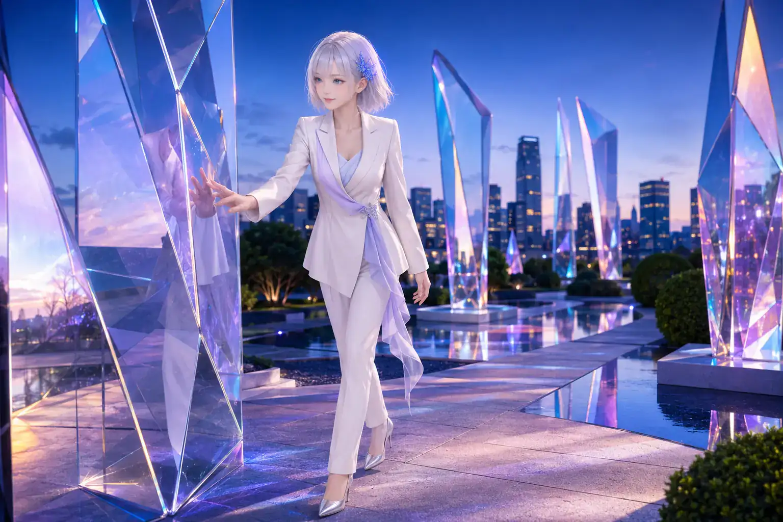 夕空と都市を望む屋外のプリズム庭園で、白いパンツスーツをまとい光の彫刻に触れるLAPIS