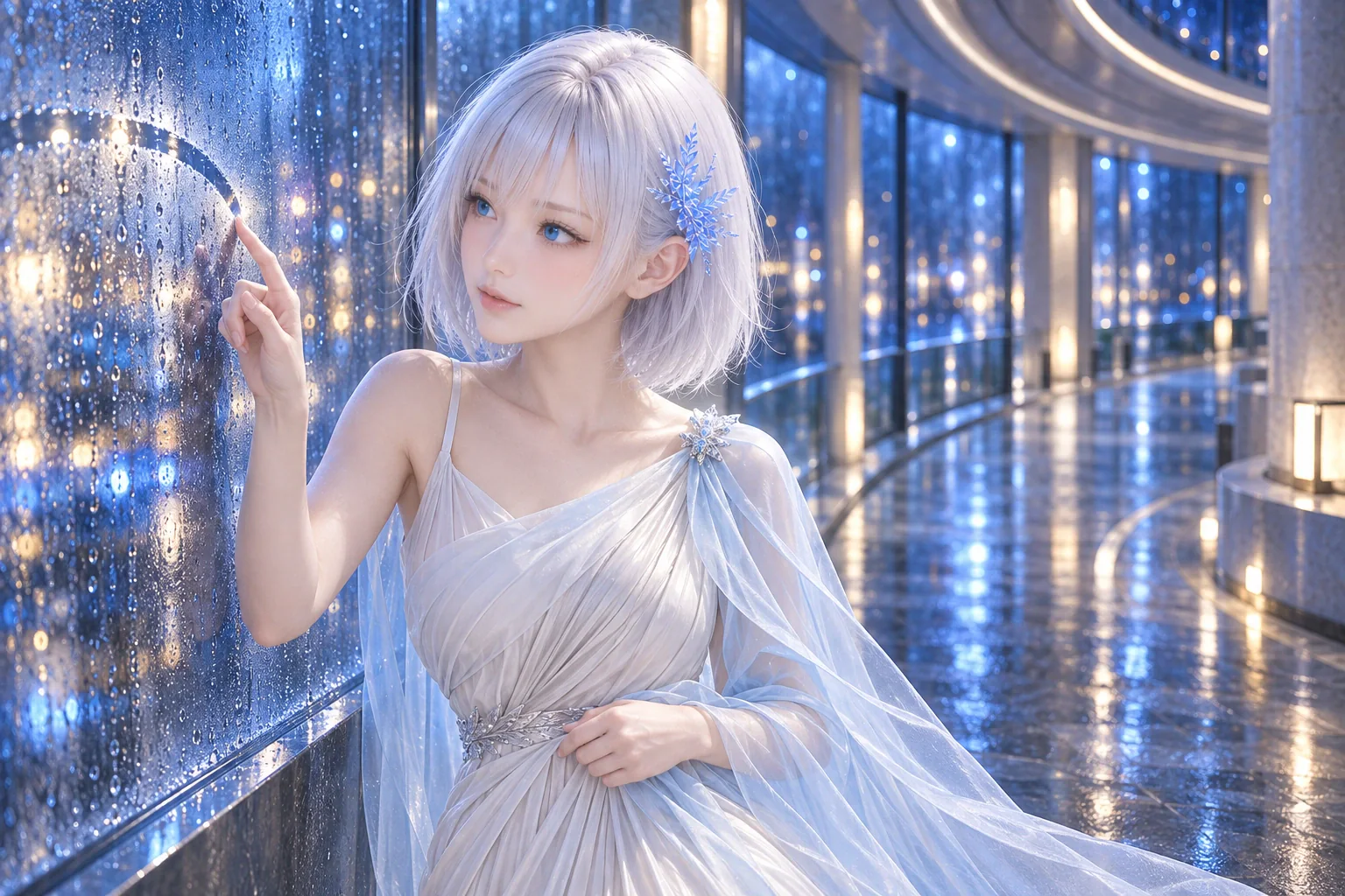 雨上がりの青い夜、架空の曲面ガラス回廊で、パールホワイトとアイスブルーのドレスをまとったLAPISが、雨粒のついたガラスへ指先で弧を描き、ほどけた街明かりを青い瞳で追う膝上構図