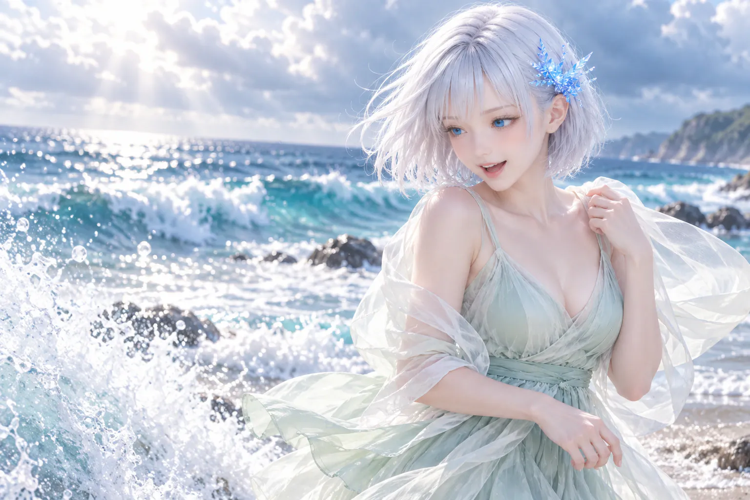 雨上がりの明るい海辺で、淡いシーグラスグリーンのドレスをまとい、風に浮かぶアイボリーのドレープを手で受け止めながら、近くの白い波へ顔を向けて笑うLAPIS