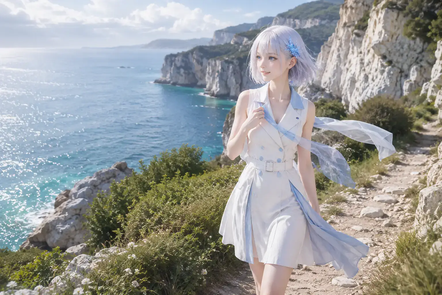 白い断崖と青い海を望む海岸の小径で、アイボリーと淡いブルーのトレンチドレスをなびかせるLAPIS