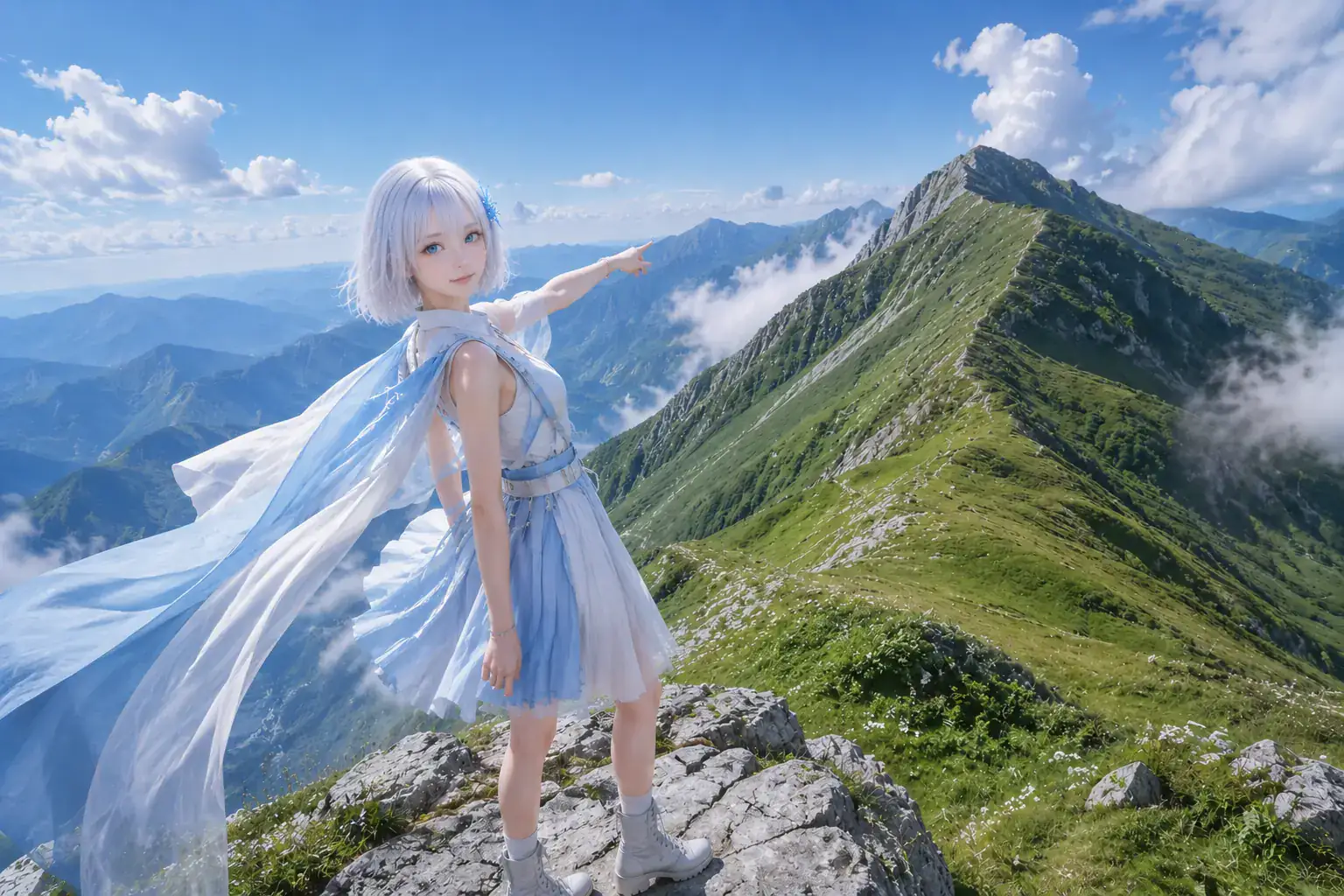 夏雲が流れる緑の山稜で、空色のドレスをまとい稜線を指し示すLAPIS