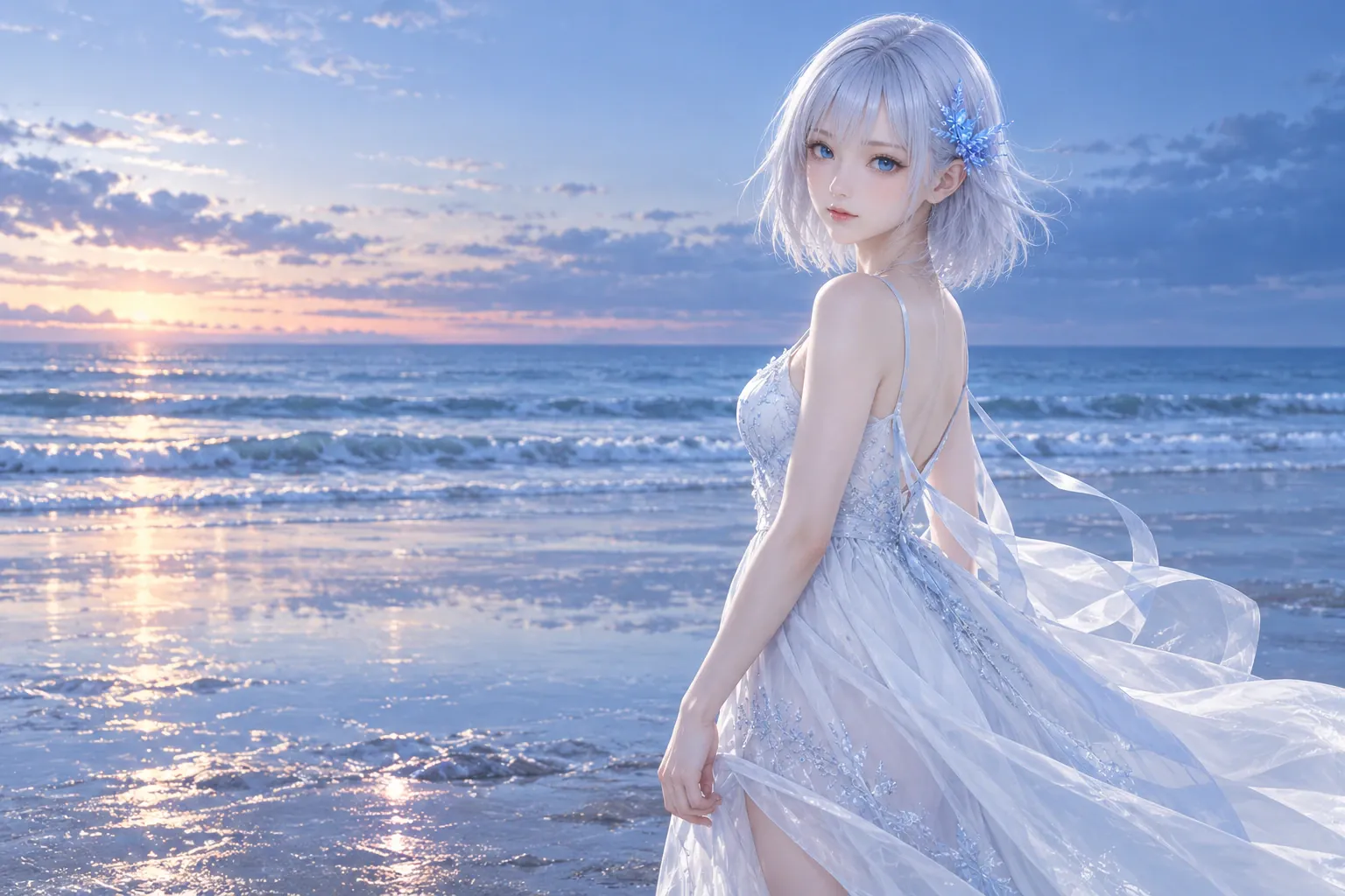 夕映えが残る青い海辺で、銀白のボブと青い花飾りのLAPISが、パールホワイトのドレスを潮風になびかせ、波打ち際から静かに振り返る膝上構図
