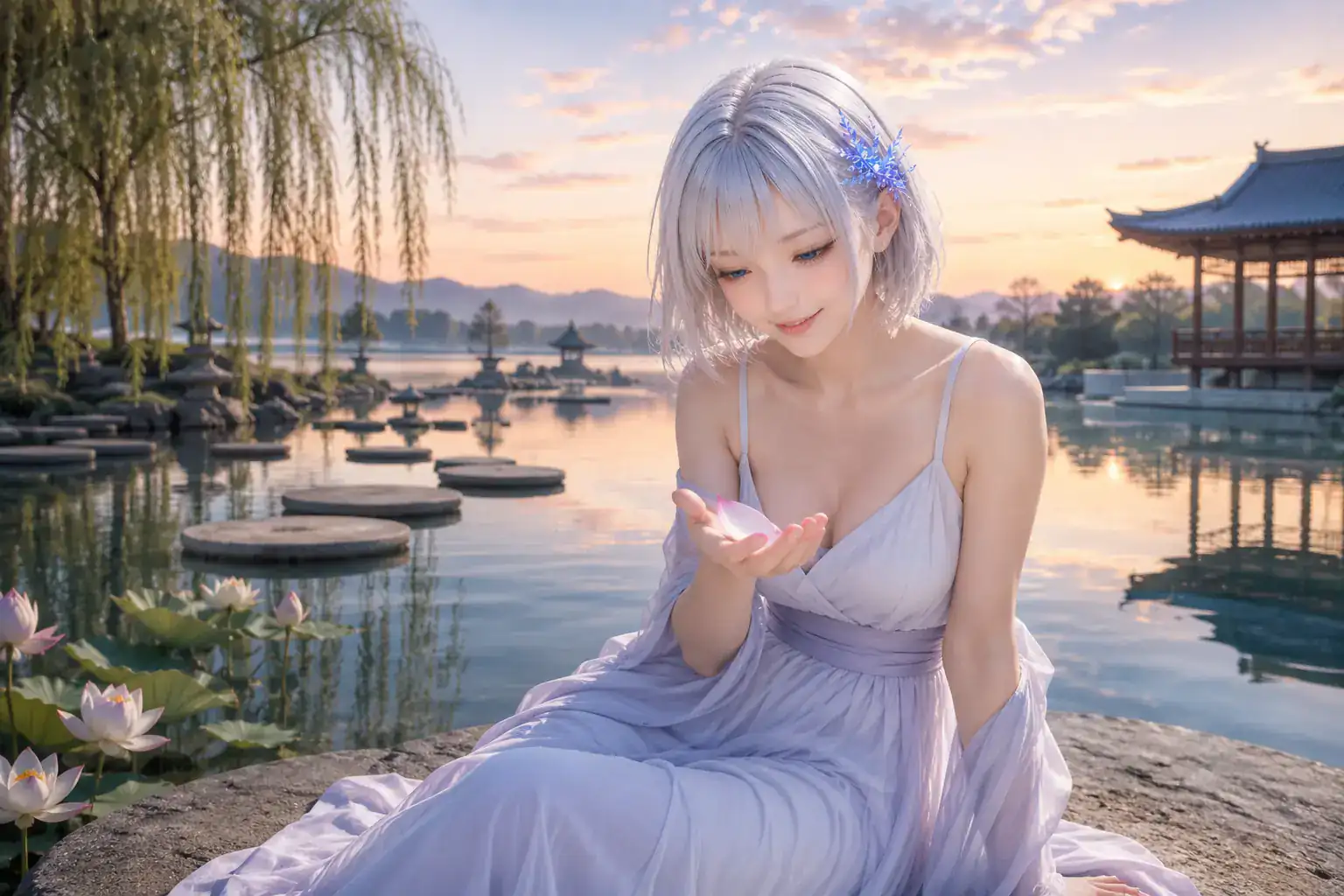朝焼けの屋外水庭で、淡いラベンダーのドレスをまとい掌の蓮の花びらを見つめて笑うLAPIS