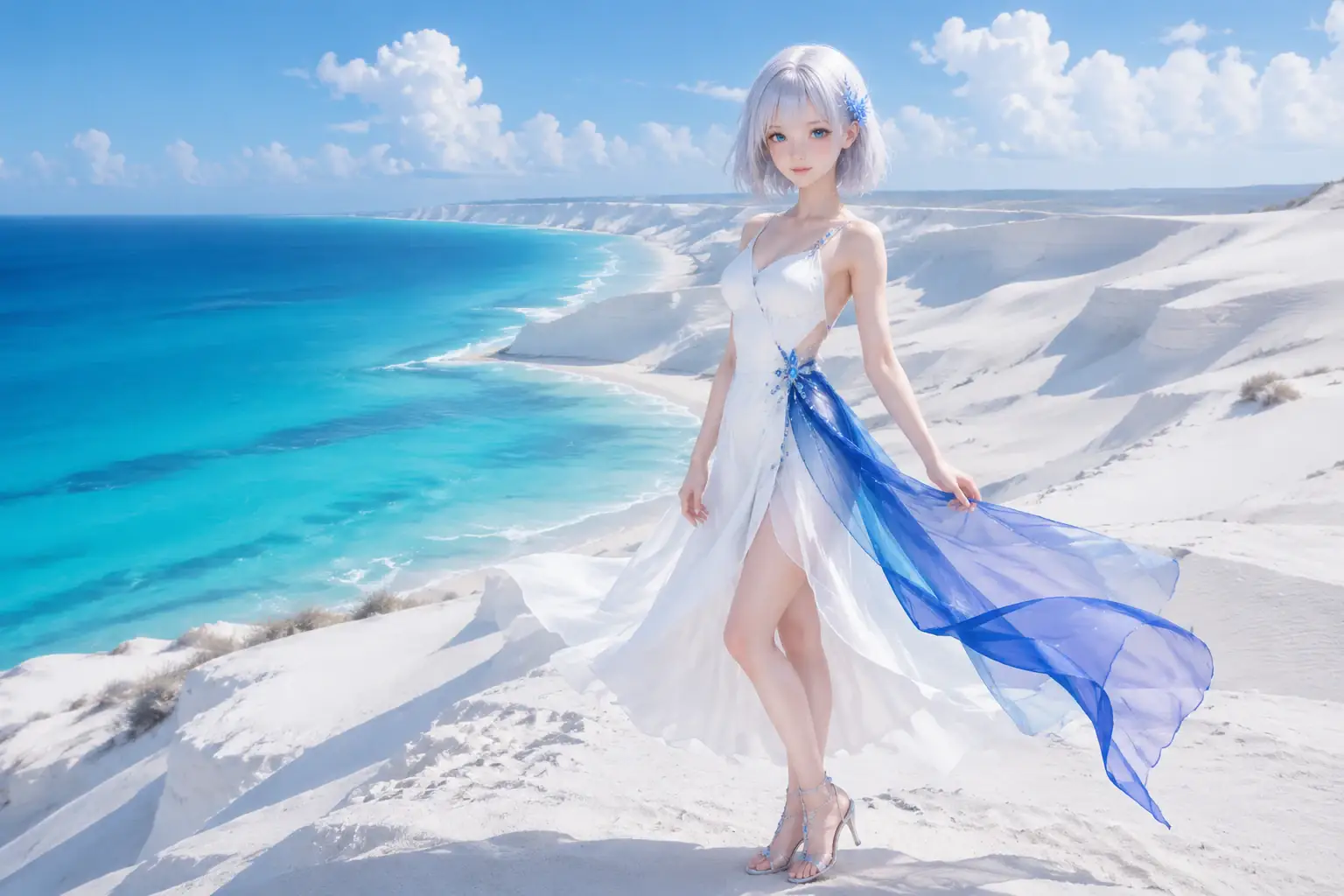 晩夏の真昼、白い鉱物砂丘とターコイズブルーの海を背に、パールホワイトのアシンメトリードレスと風になびくウルトラマリンのシアードレープをまとって立つLAPIS