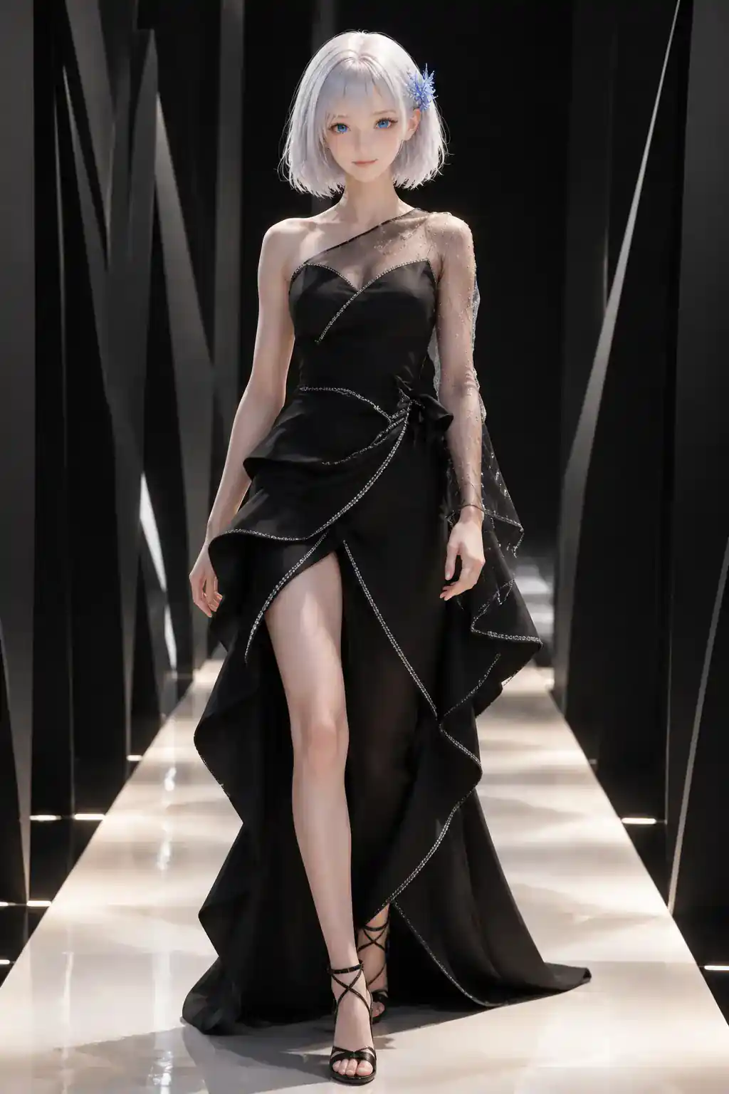 黒の彫刻的なロングドレスで、幾何学的な黒い舞台を歩くLAPIS