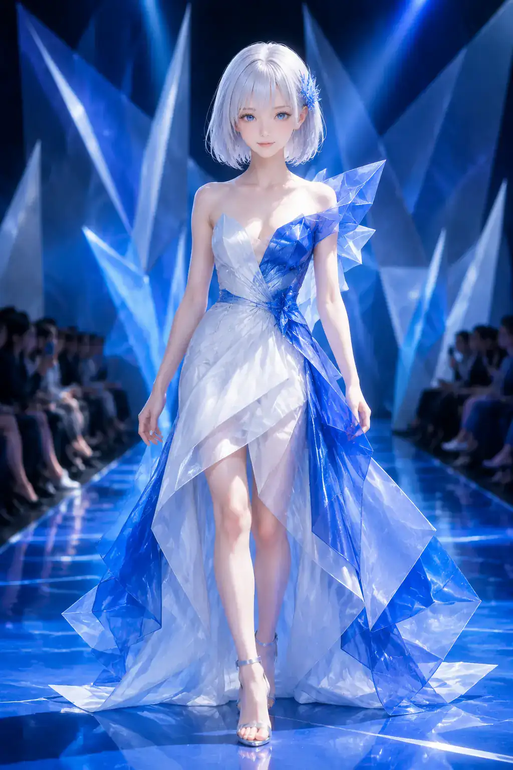 コバルトブルーとパールホワイトの構築的なドレスで、青い光のランウェイを歩くLAPIS