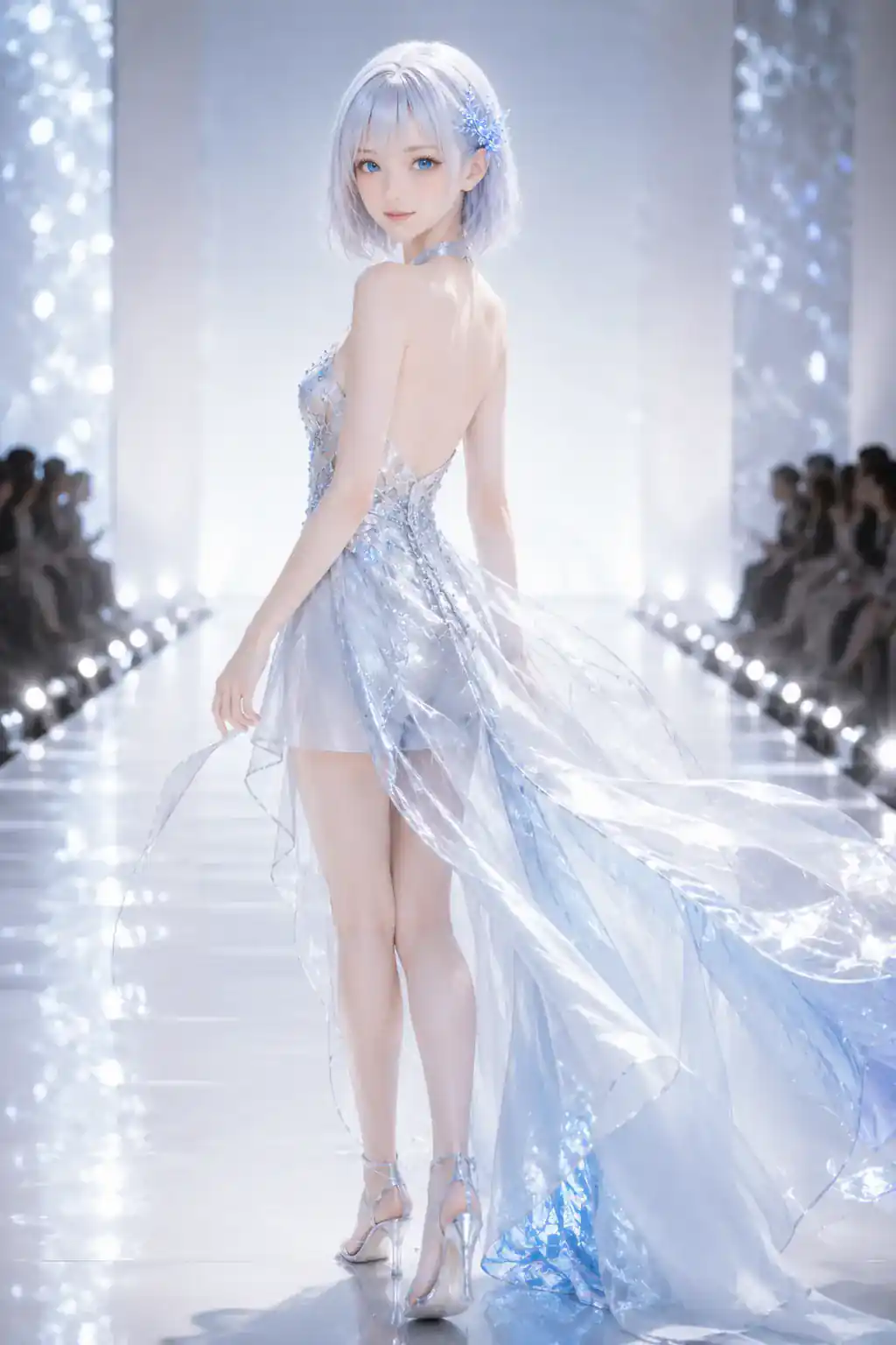 銀青色の透明なクチュールドレスを翻し、白く輝くランウェイで振り返るLAPIS