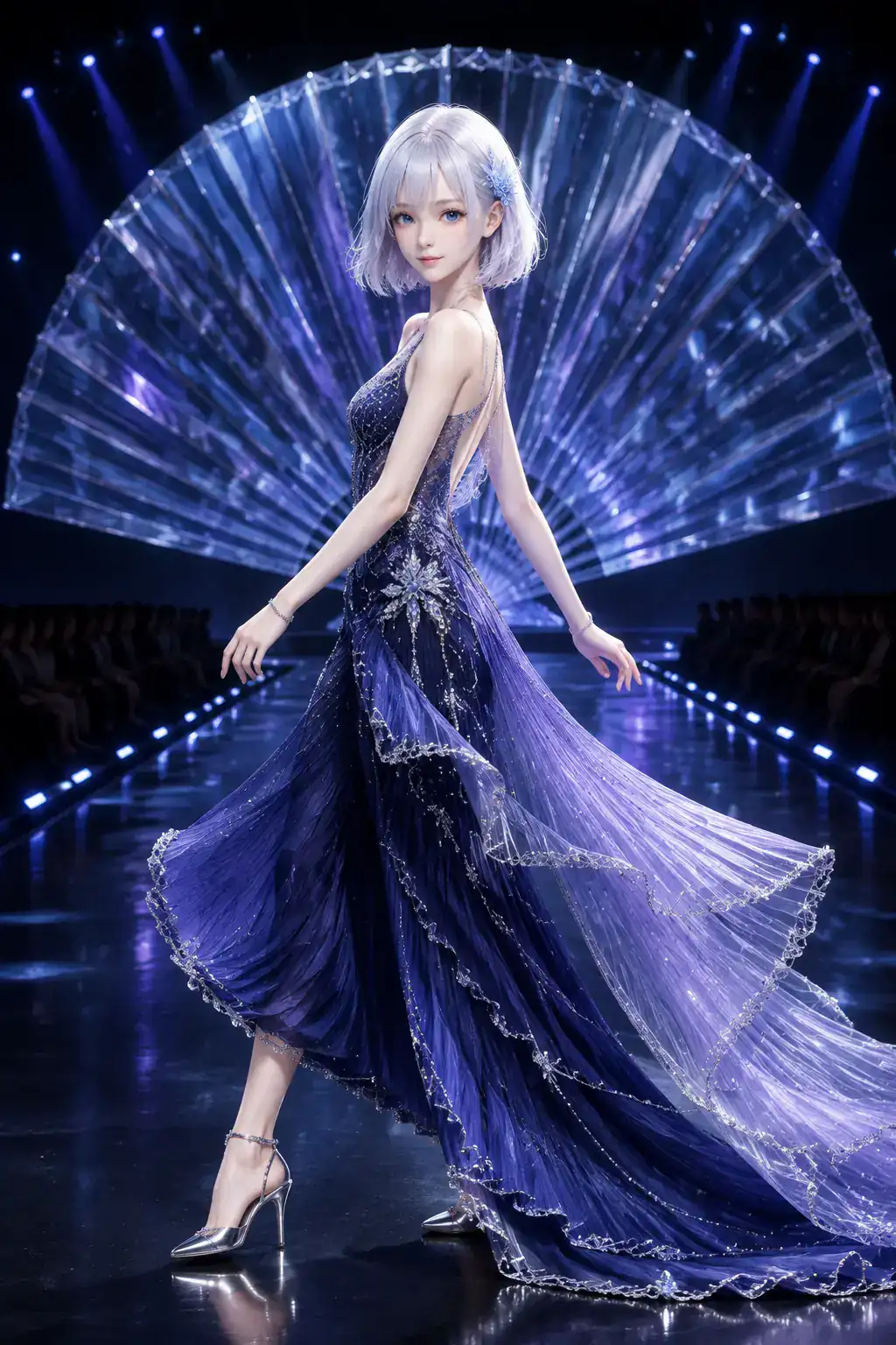 深いネイビーのクチュールドレスで、扇状のクリスタル照明が広がる夜のランウェイを歩くLAPIS