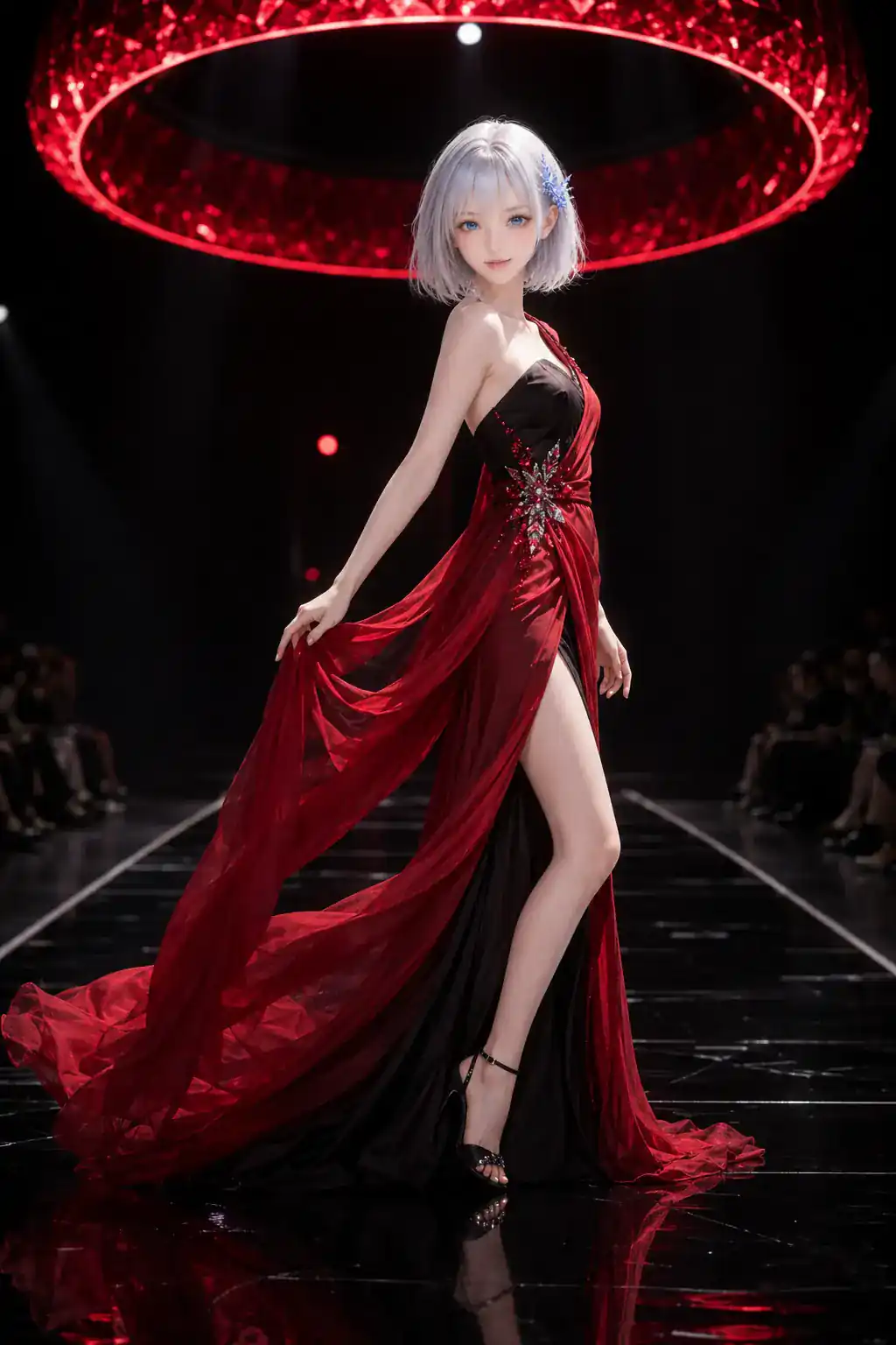 深紅と黒のアシンメトリードレスで、赤い光輪が浮かぶランウェイに立つLAPIS