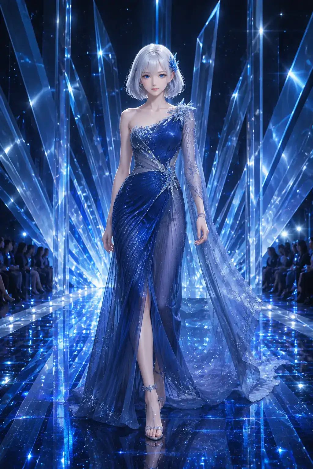 9月最初の夜、サファイアブルーの光がきらめくクリスタルランウェイで、銀青色のシアーケープを重ねたアシンメトリークチュールドレスをまとい歩くLAPIS