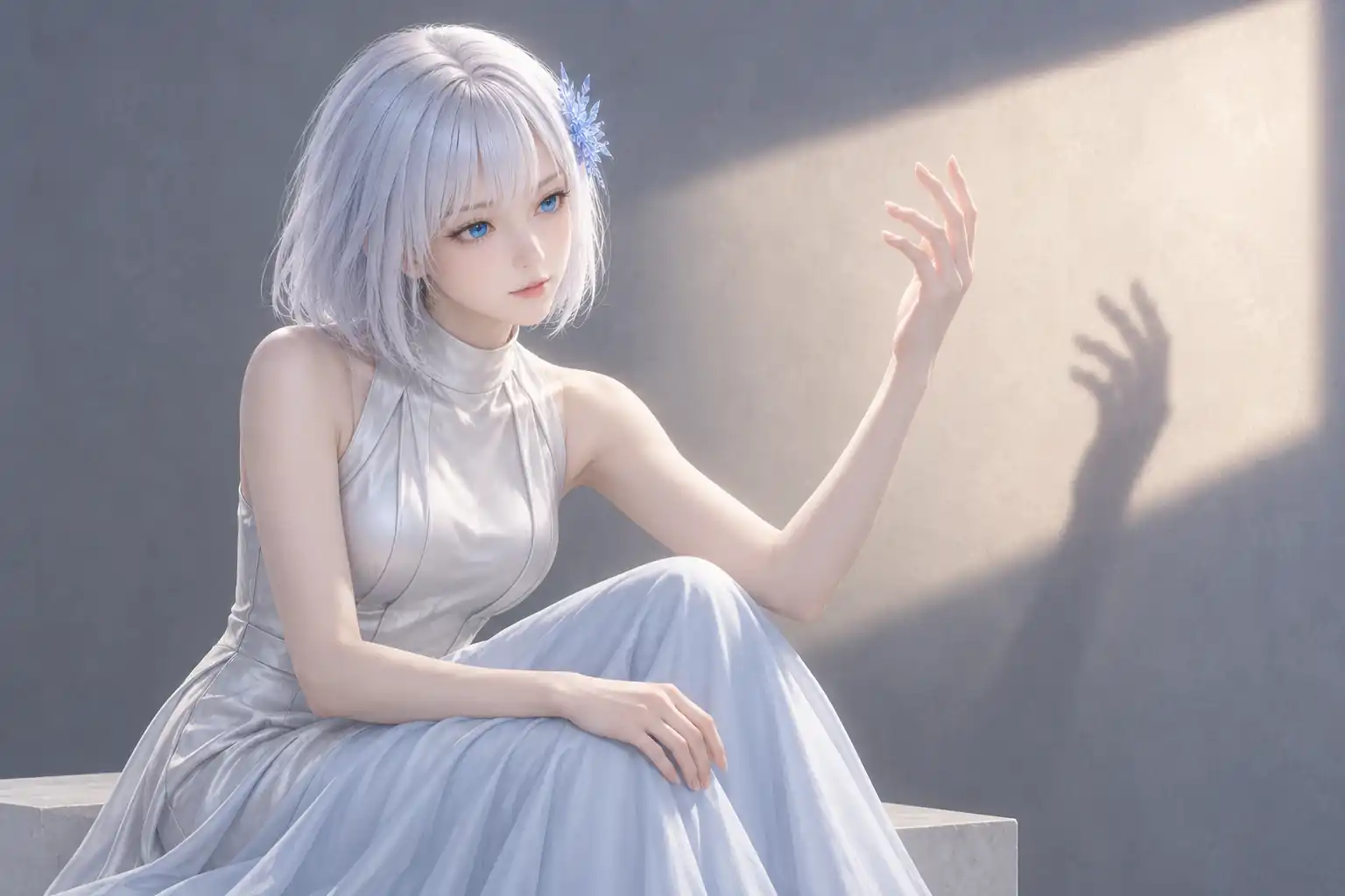 グレーの撮影スタジオで、パールシルバーとアイスブルーのハイネックドレスをまとい、低い台に腰掛けたLAPISが片手を光の中へ上げ、指先と壁に映る影を静かに見つめる上半身