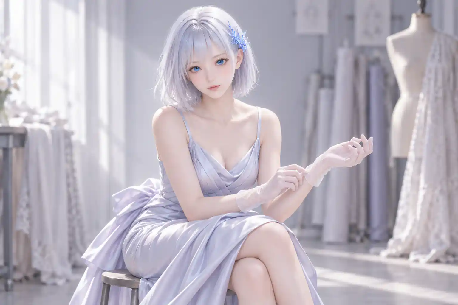 やわらかな斜光のクチュールスタジオで、アイスラベンダーとパールシルバーのサテンドレスをまとって腰掛け、左手首のシアーグローブを整えながら撮影の合図へ顔を上げるLAPIS