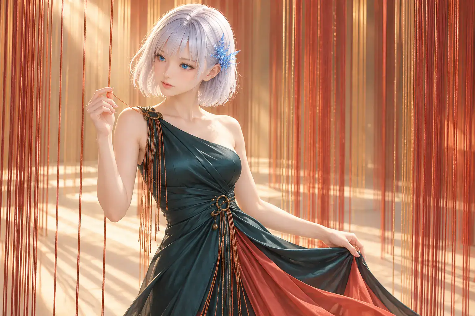 暖かなアイボリーの舞台に朱色と銅色の細い糸幕が垂れる空間で、深いフォレストティールと珊瑚色のアシンメトリードレスをまとったLAPISが、片手の指先で一本の糸をとらえ、もう一方の手でスカートを横へ引きながら、その糸へ青い瞳を向ける膝上構図
