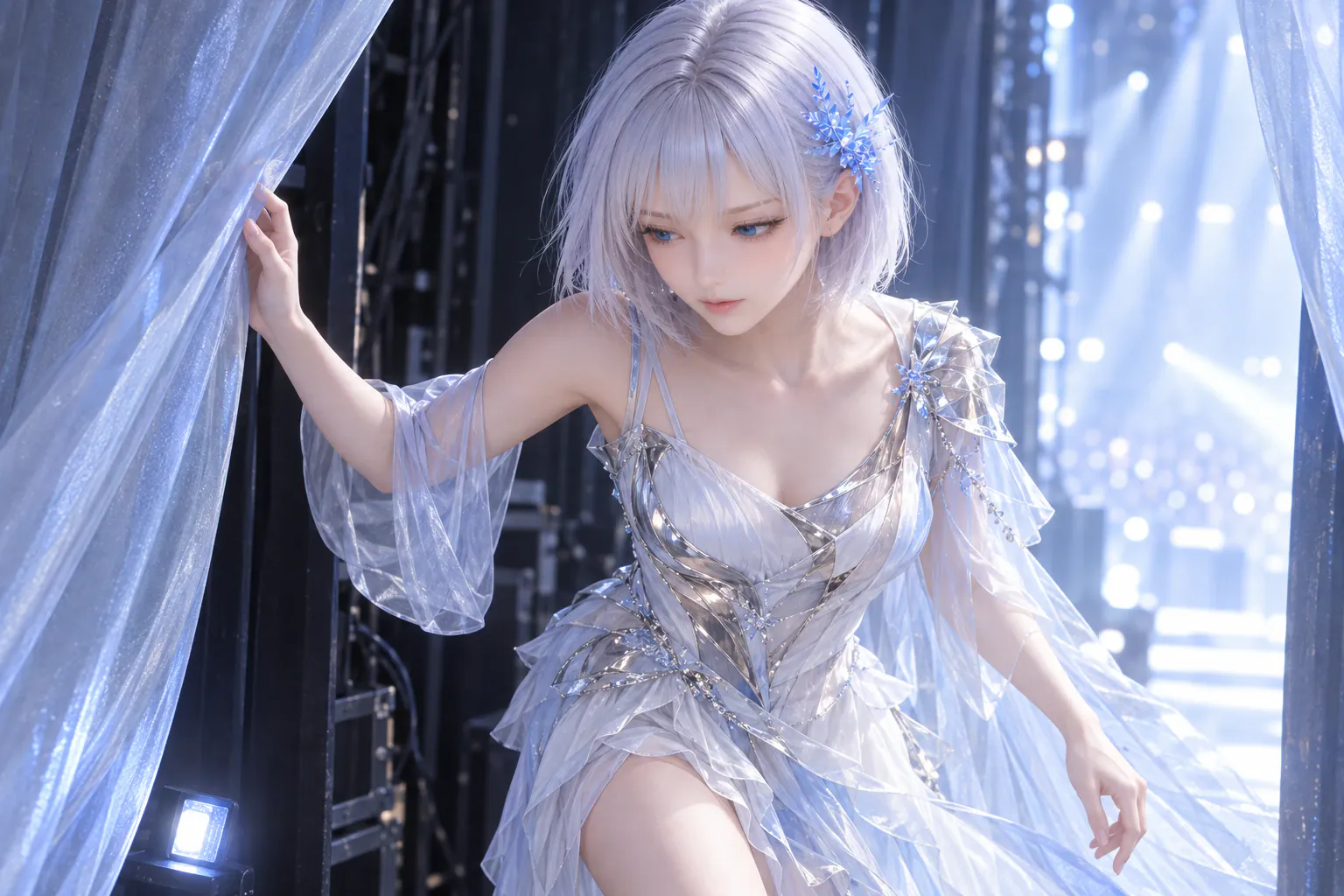 グラファイト色の劇場の舞台袖で、パールホワイトとシルバーの構築的なドレスをまとったLAPISが、片手でアイスブルーの薄幕を押し分け、床のキュー灯へ視線を落としながら本番の白青い光へ踏み出す膝上構図