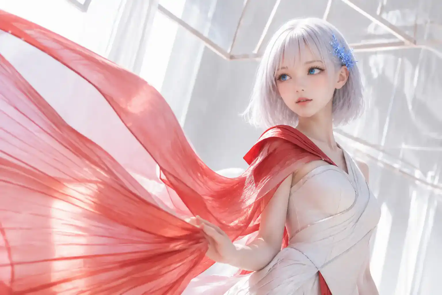 9月初旬の明るい白のクチュールアトリエで、パールアイボリーの構築的なドレスとヴァーミリオンのシアープリーツケープをまとい、風に舞う布を片手で導きながら光の合図に応じて振り向くLAPIS