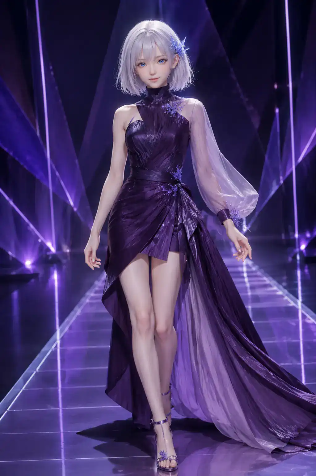 深いバイオレットのドレスで、紫の光面が交差するランウェイを歩くLAPIS