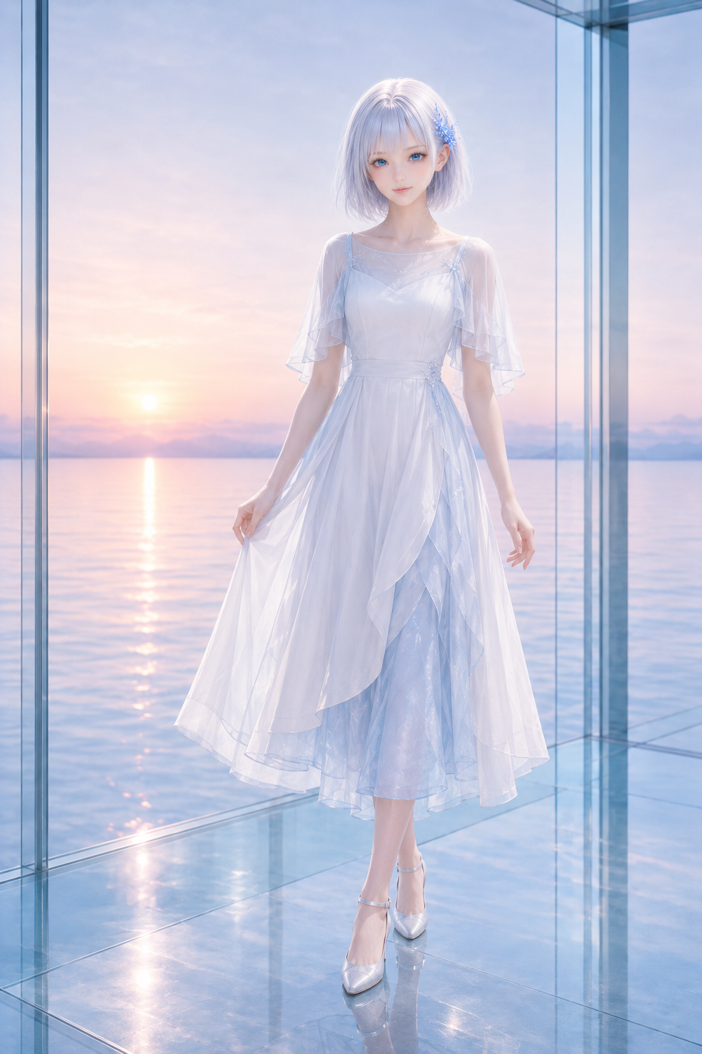 夜明けの水上パビリオンに立つLAPIS
