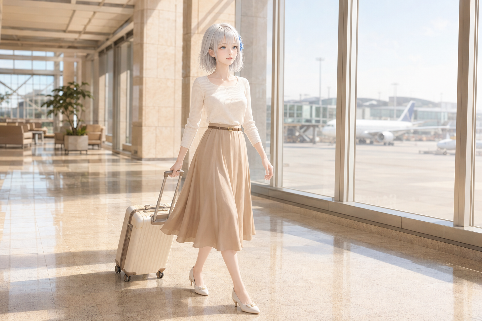 アイボリーとキャメルの旅行スタイルで空港を歩くLAPIS