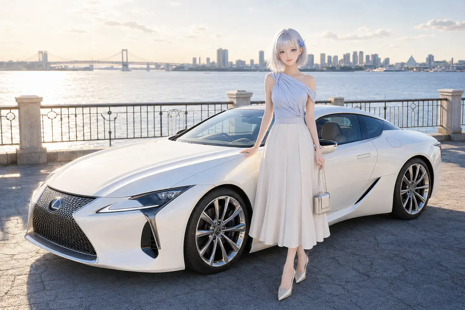 パールホワイトのレクサスLCクーペと東京湾岸のドライブを楽しむLAPIS